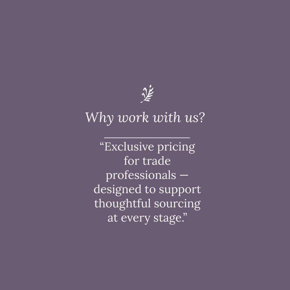 Text on a purple background asking 'Why work with us?' with a tagline about exclusive pricing for trade professionals.