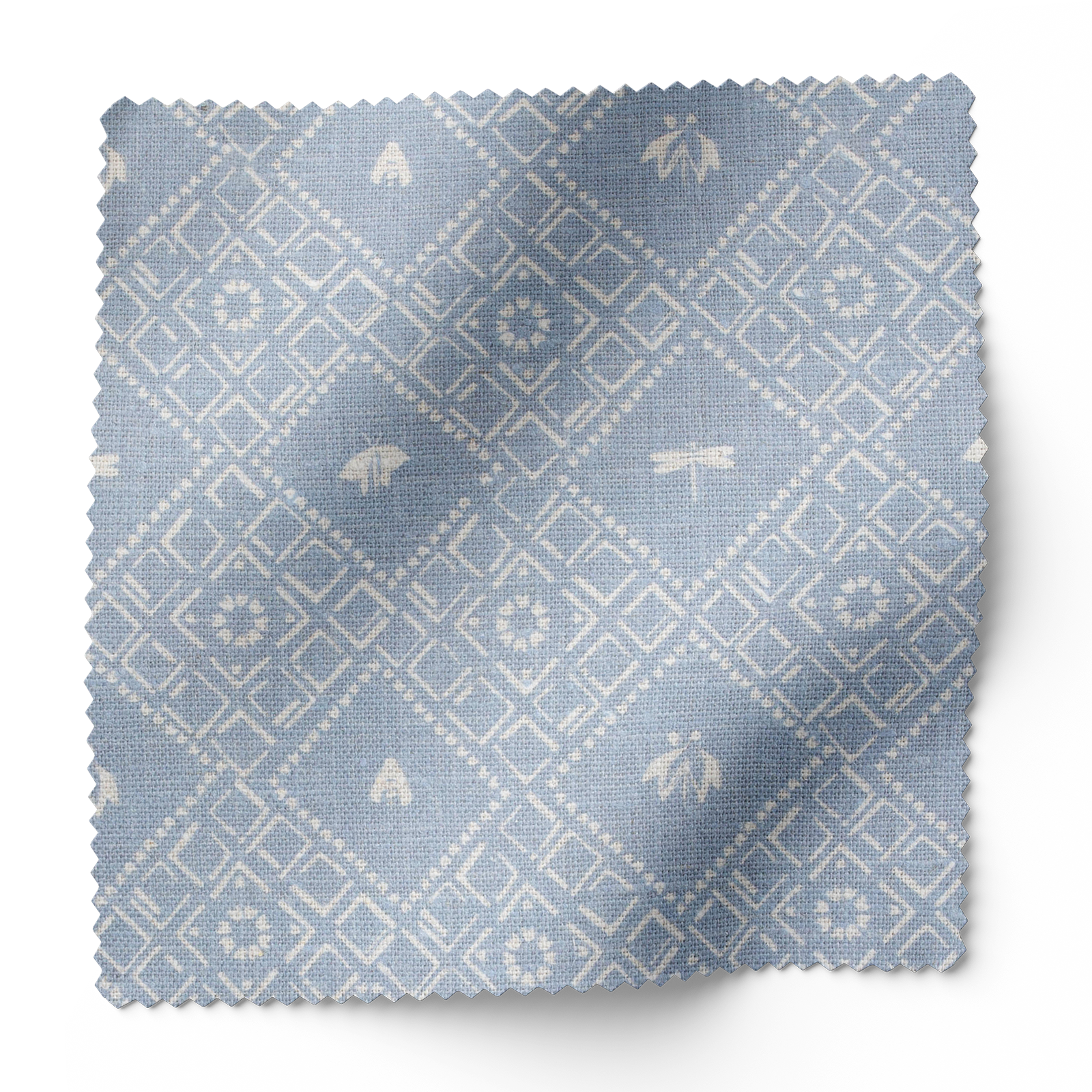 Americana fabric in Cornflower by Emily Daws – forest-inspired swatch with dotted and organic motifs