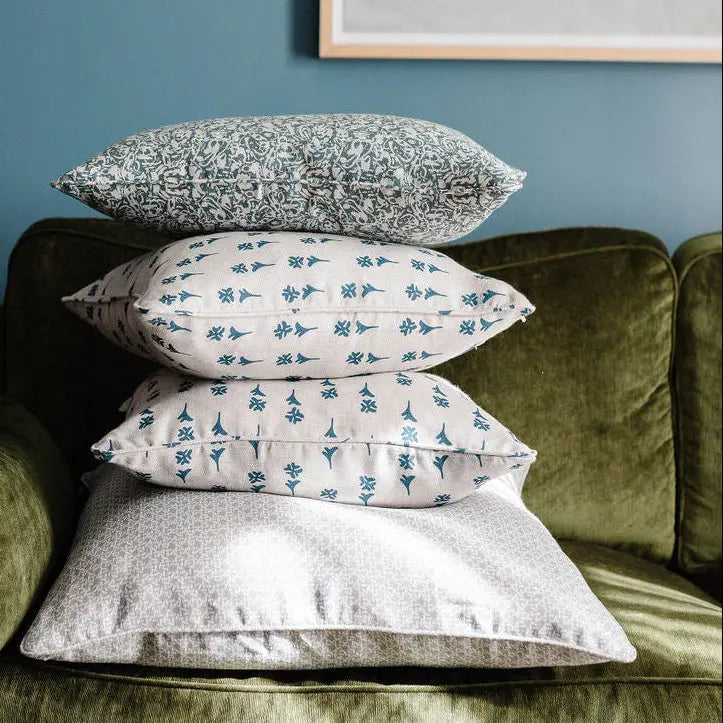 Daffodil fabric in Delft Blue by Emily Daws styled in an interior — Flora Collection