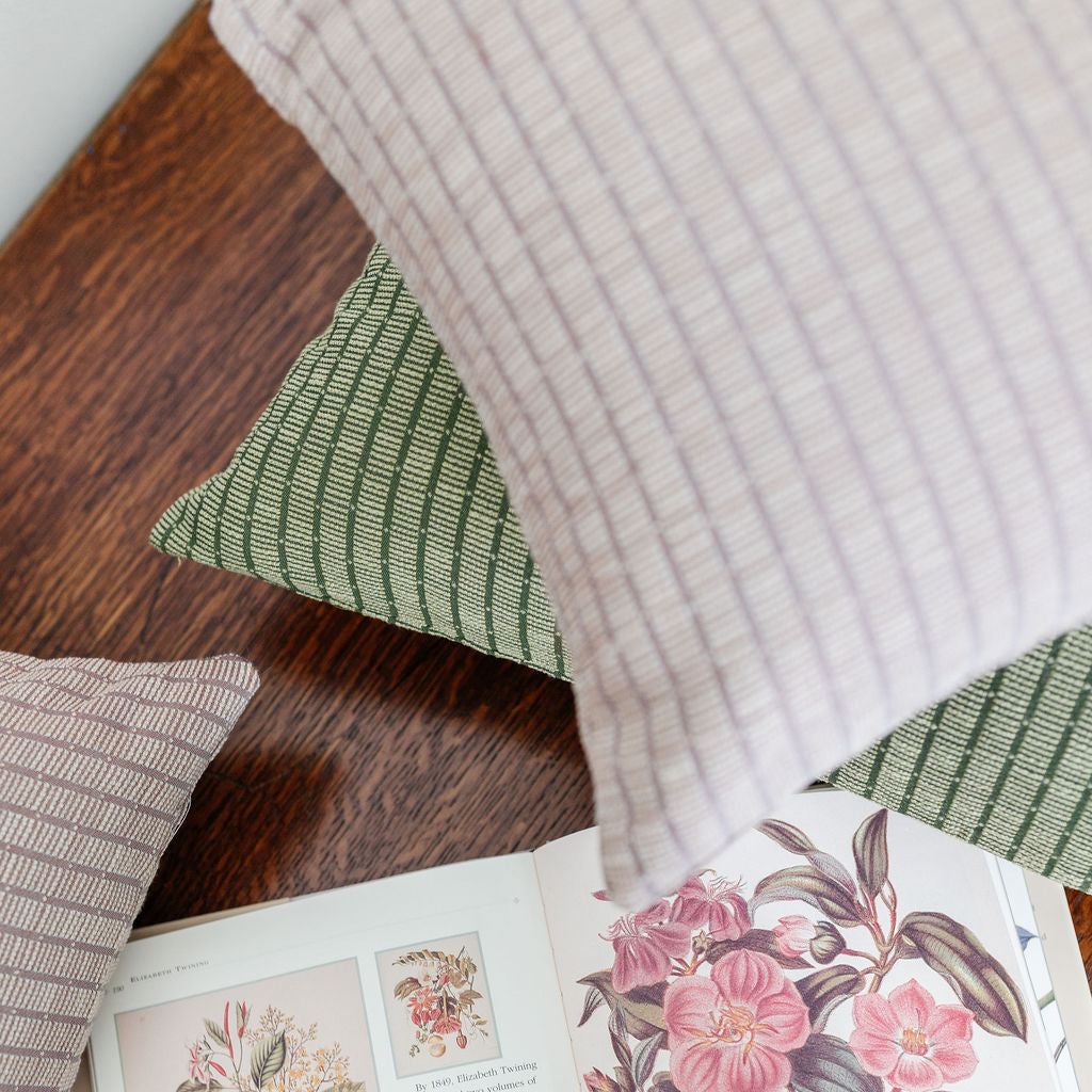 Emily Daws Jetty woven fabric artisanal pillows, luxury textiles for interior designers and bespoke accents for coastal homes.