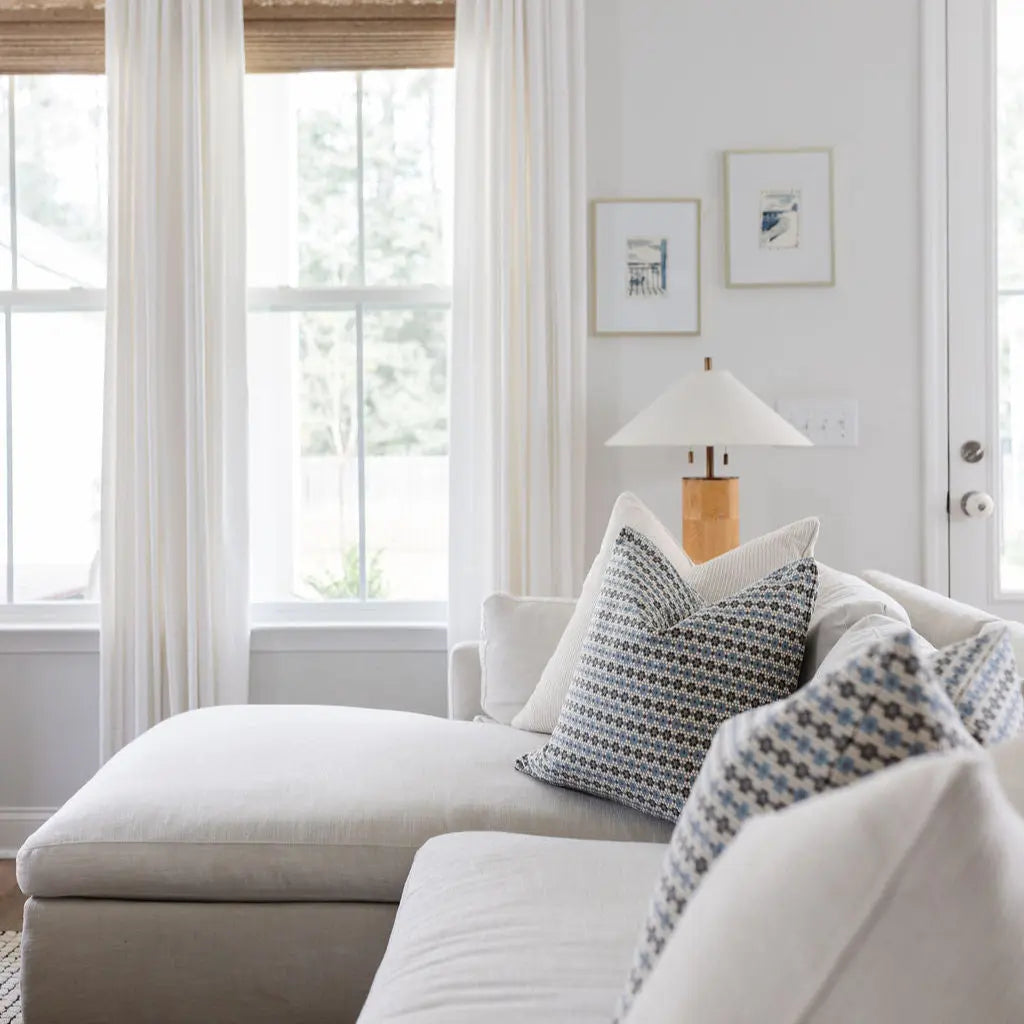 Emily Daws Nectar pillows in Cerulean Blue — original pattern, feather and down insert
