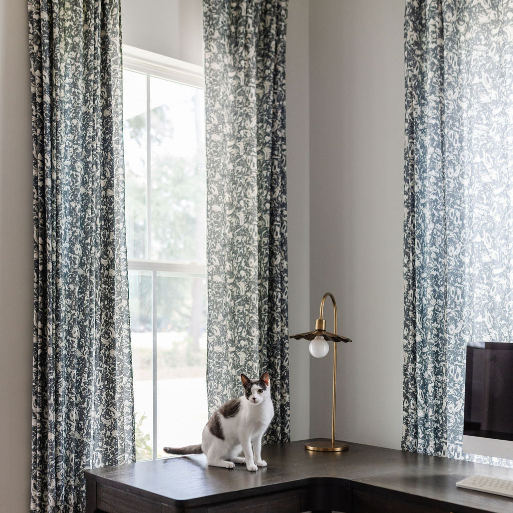 River Reef Navy curtains by Emily Daws, artisanal drapery styled in a light-filled home office, southern inspired textiles for bespoke interiors.