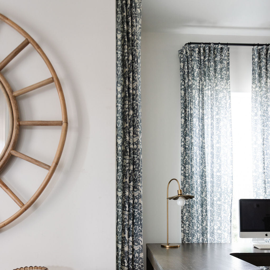 Emily Daws River Reef curtains in Navy, luxury textiles for timeless storied interiors, small batch fabrics for designers and bespoke window treatments.