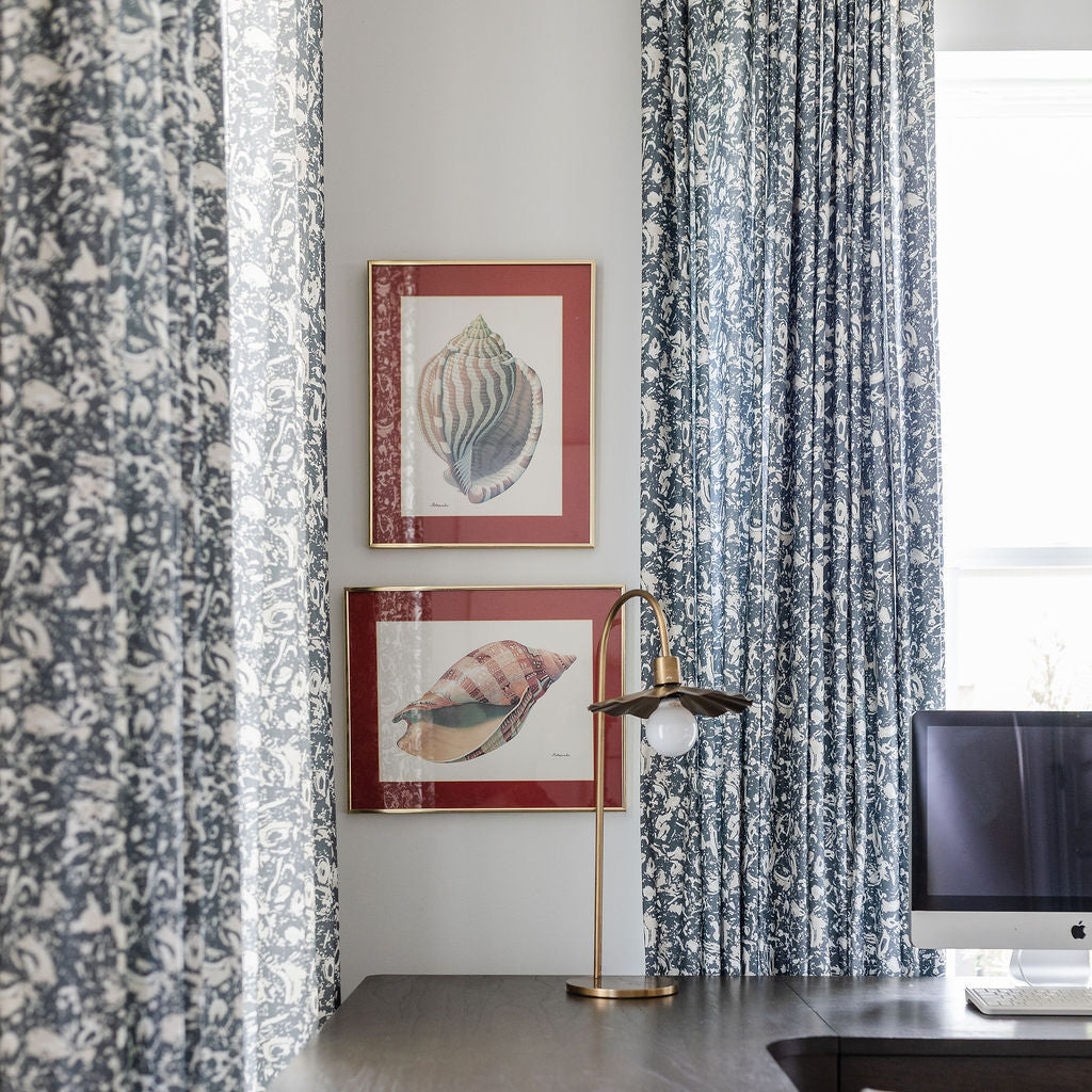 River Reef in Navy drapery by Emily Daws, boutique textiles for refined, storied home settings.