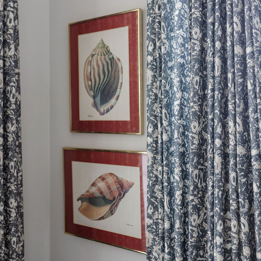 Emily Daws River Reef fabric in Navy, Belgian linen Drapery, showcasing layered texture and storied design for interior designers.