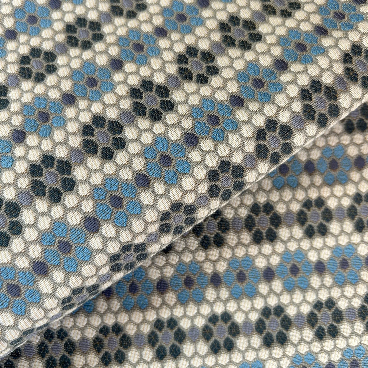 Nectar fabric in Cerulean Blue by Emily Daws — close-up detail of woven upholstery fabric, Fauna Collection