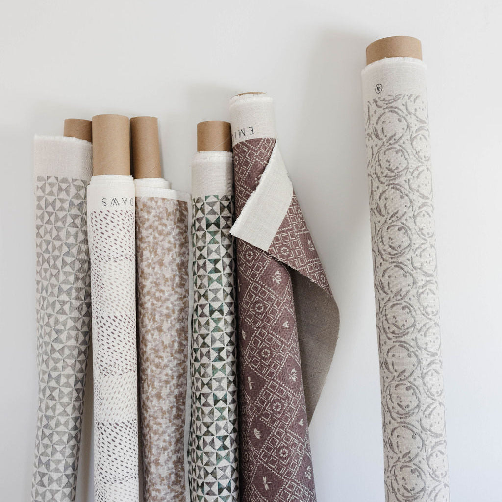 Emily Daws fabric on Belgian linen, perfect for drapery, Roman shades, and bespoke interiors with Southern character.