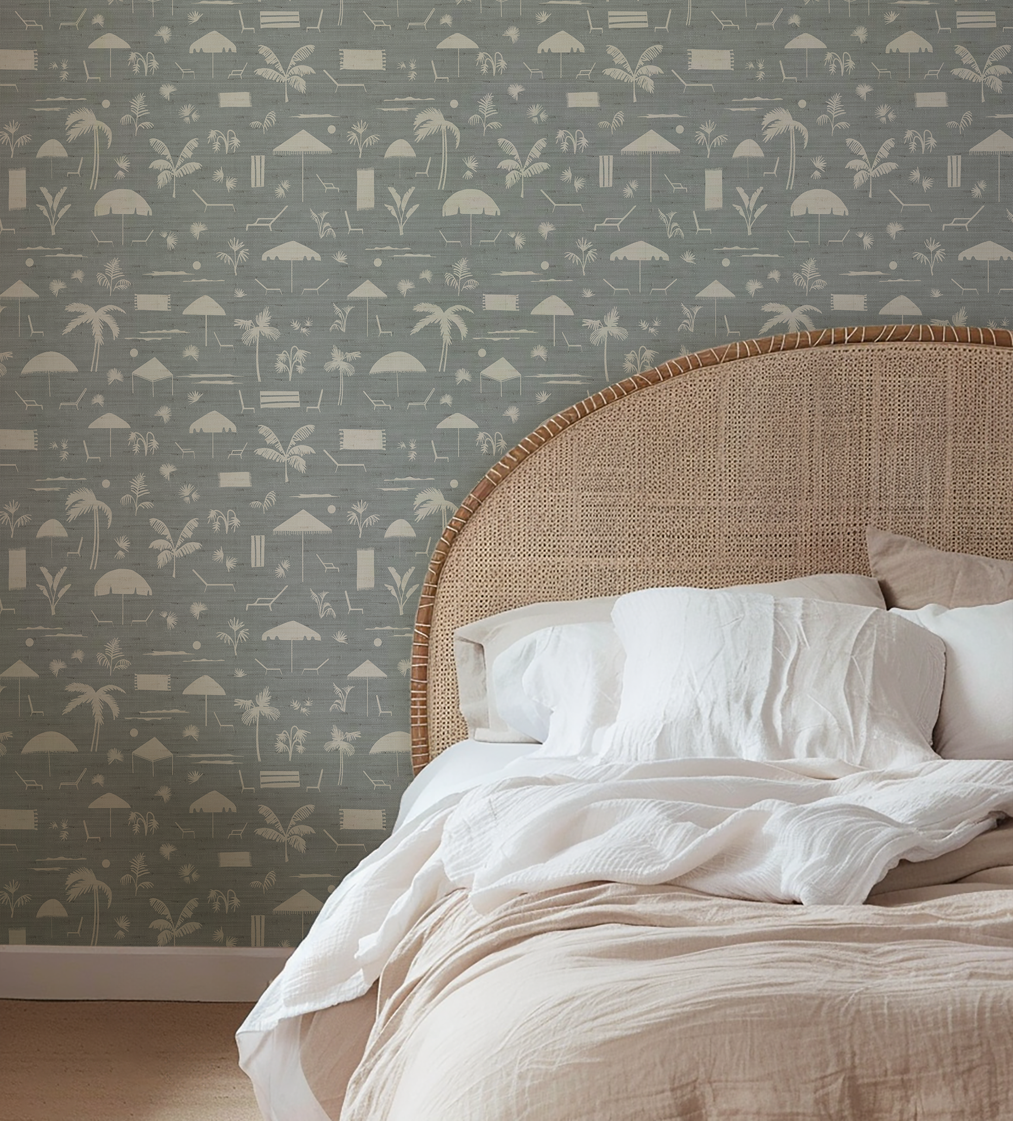 Folly Toile Grasscloth wallpaper in Harbor styled by Emily Daws – luxury coastal look for waterfront dining room