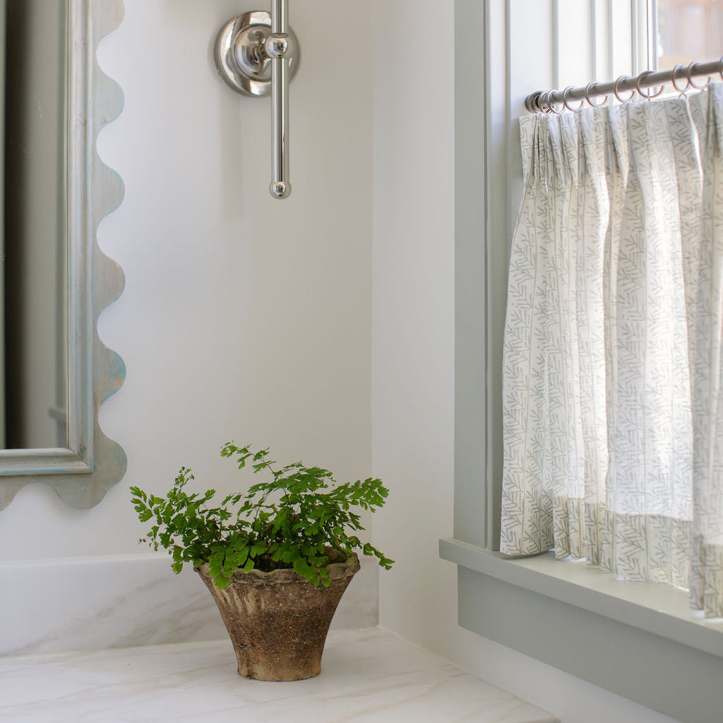 Hemlock fabric in Frost styled by Emily Daws β cozy countryside look for floral curtains or cushions