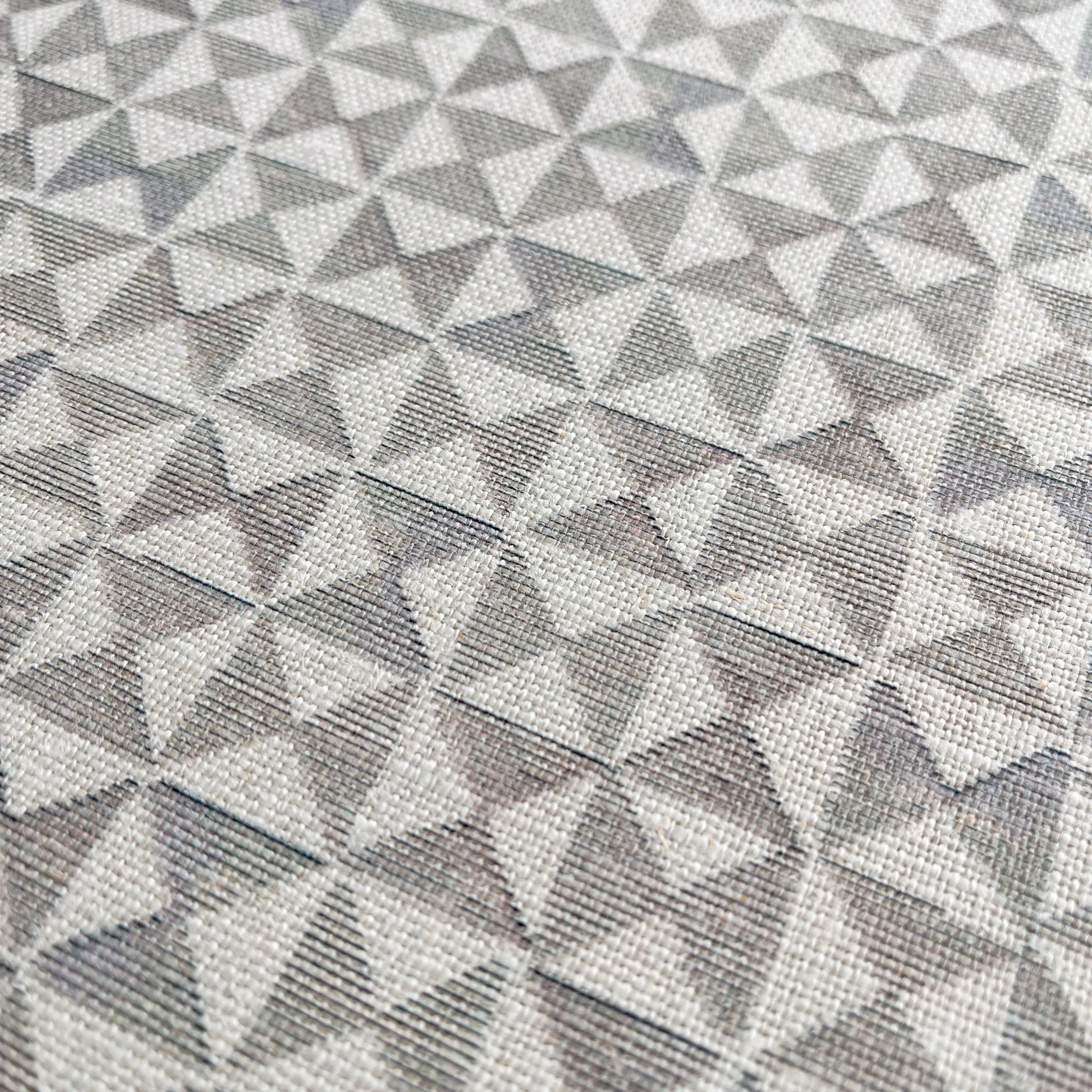 Kaleidoscope fabric in Cashmere by Emily Daws — close-up detail of Belgian linen, Fauna Collection