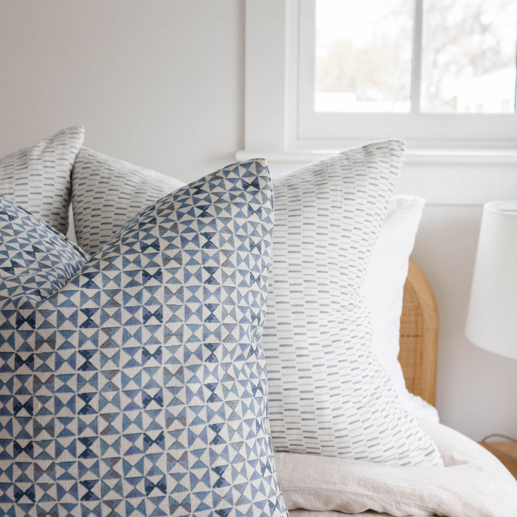 Kaleidoscope pillow in Iris styled by Emily Daws – paired with earthy tones in a mountain retreat