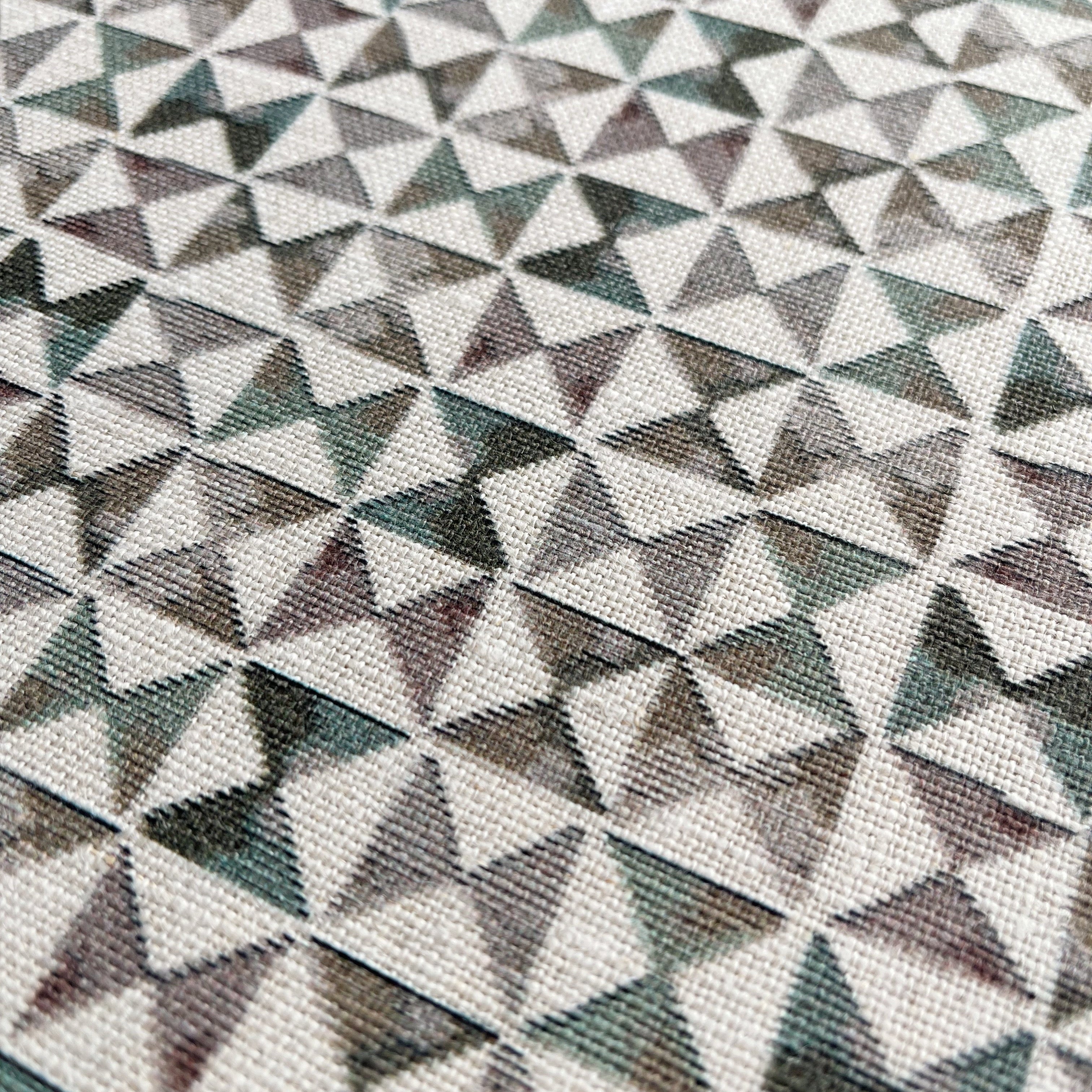 Kaleidoscope fabric in Vista by Emily Daws — close-up detail of Belgian linen, Fauna Collection