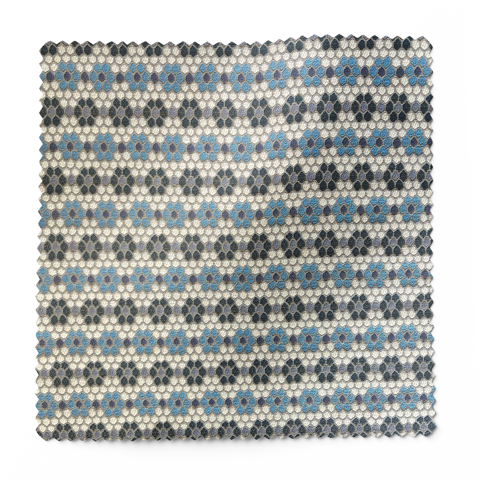 Nectar fabric in Cerulean Blue by Emily Daws β forest-inspired swatch with dotted and organic motifs