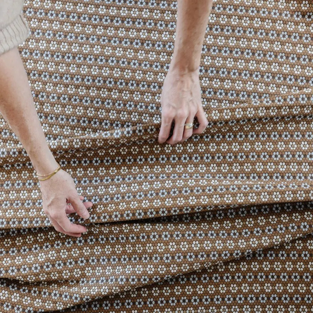 Nectar fabric in Walnut by Emily Daws styled in an interior — Fauna Collection