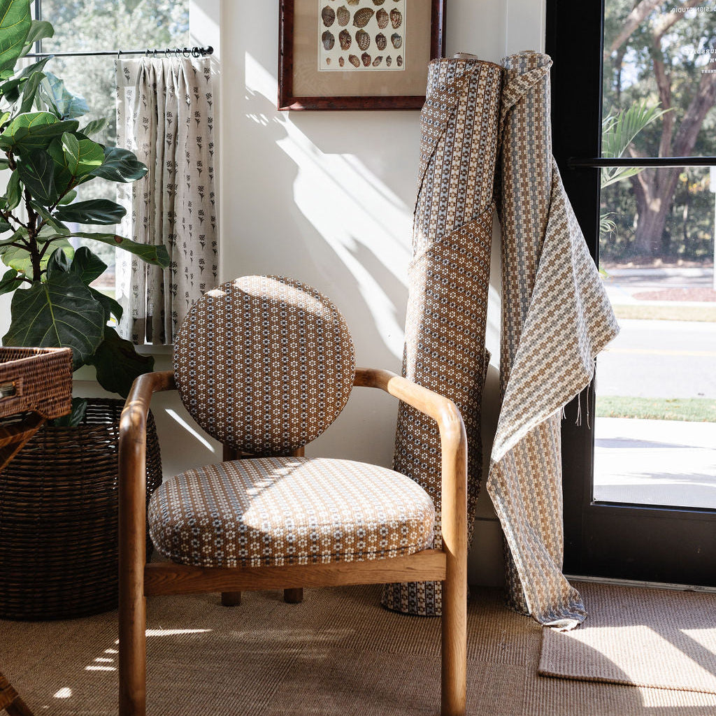 Nectar fabric in Walnut styled by Emily Daws – nature-inspired textile for cabin or mountain homes