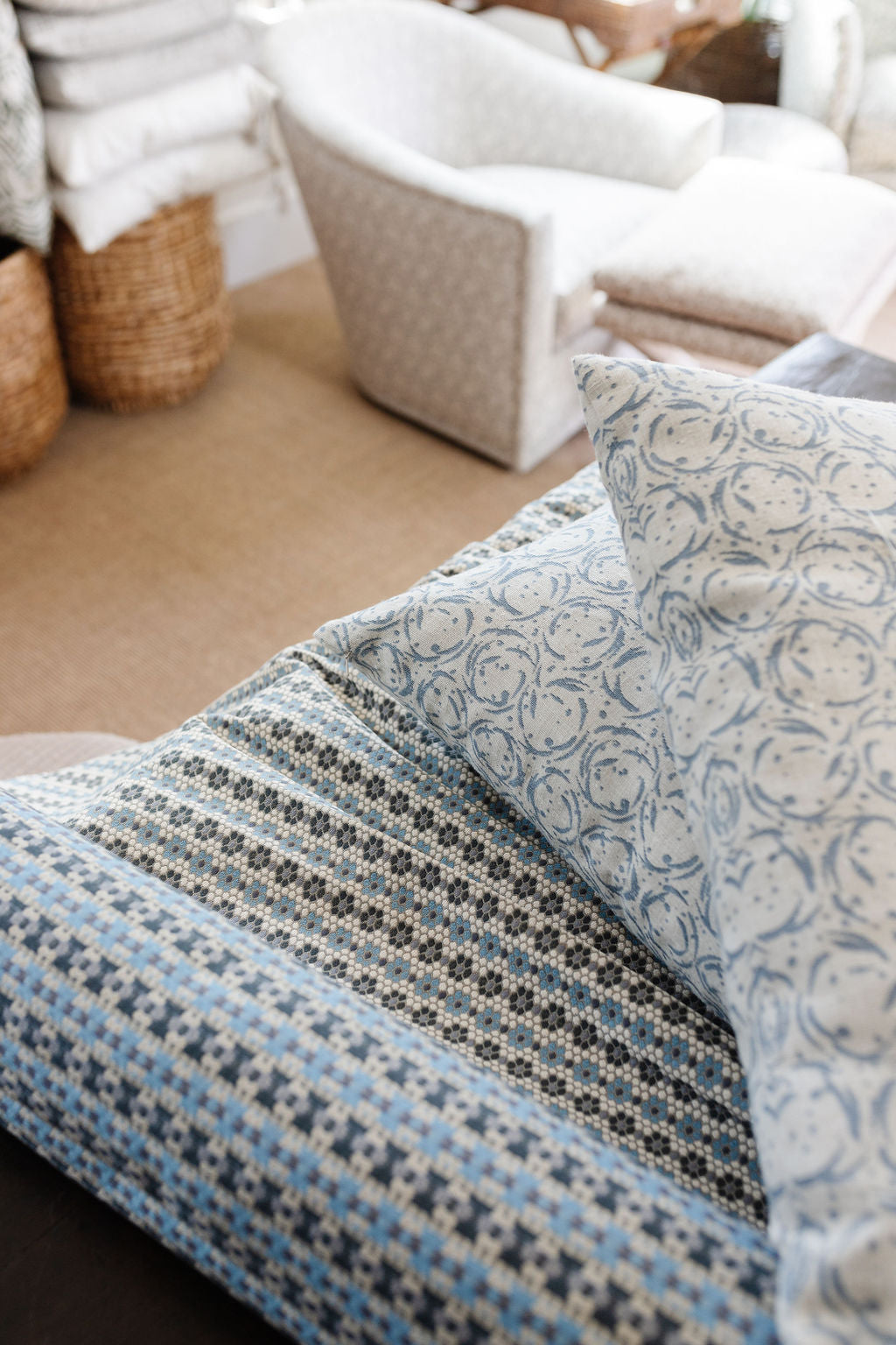 Nectar fabric in Cerulean Blue styled by Emily Daws – nature-inspired textile for cabin or mountain homes
