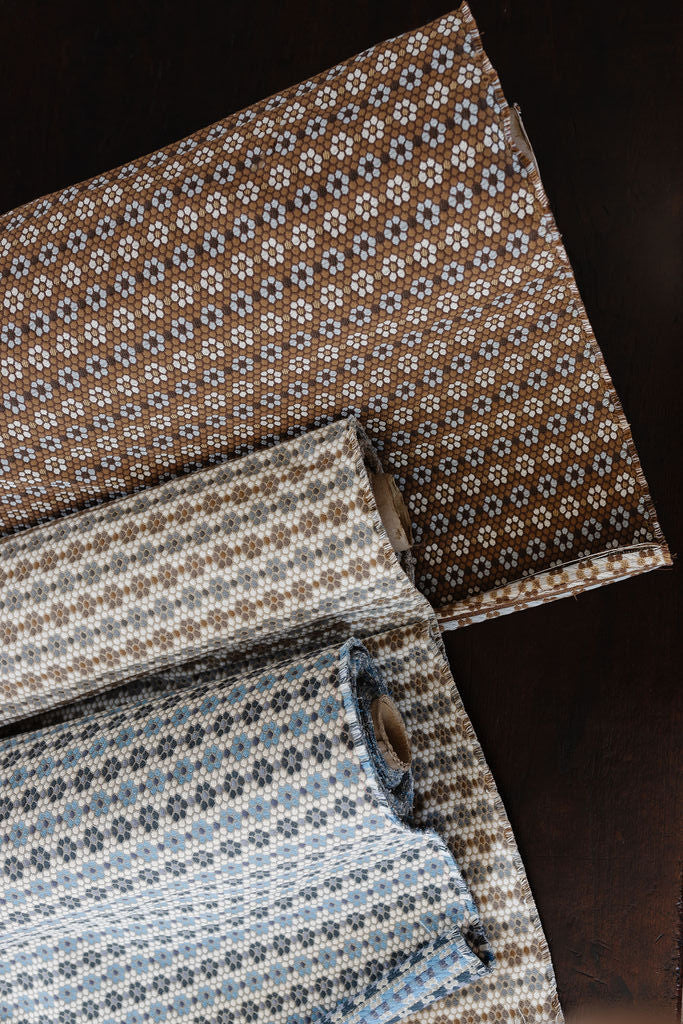 Nectar fabric in Walnut styled by Emily Daws – nature-inspired textile for cabin or mountain homes