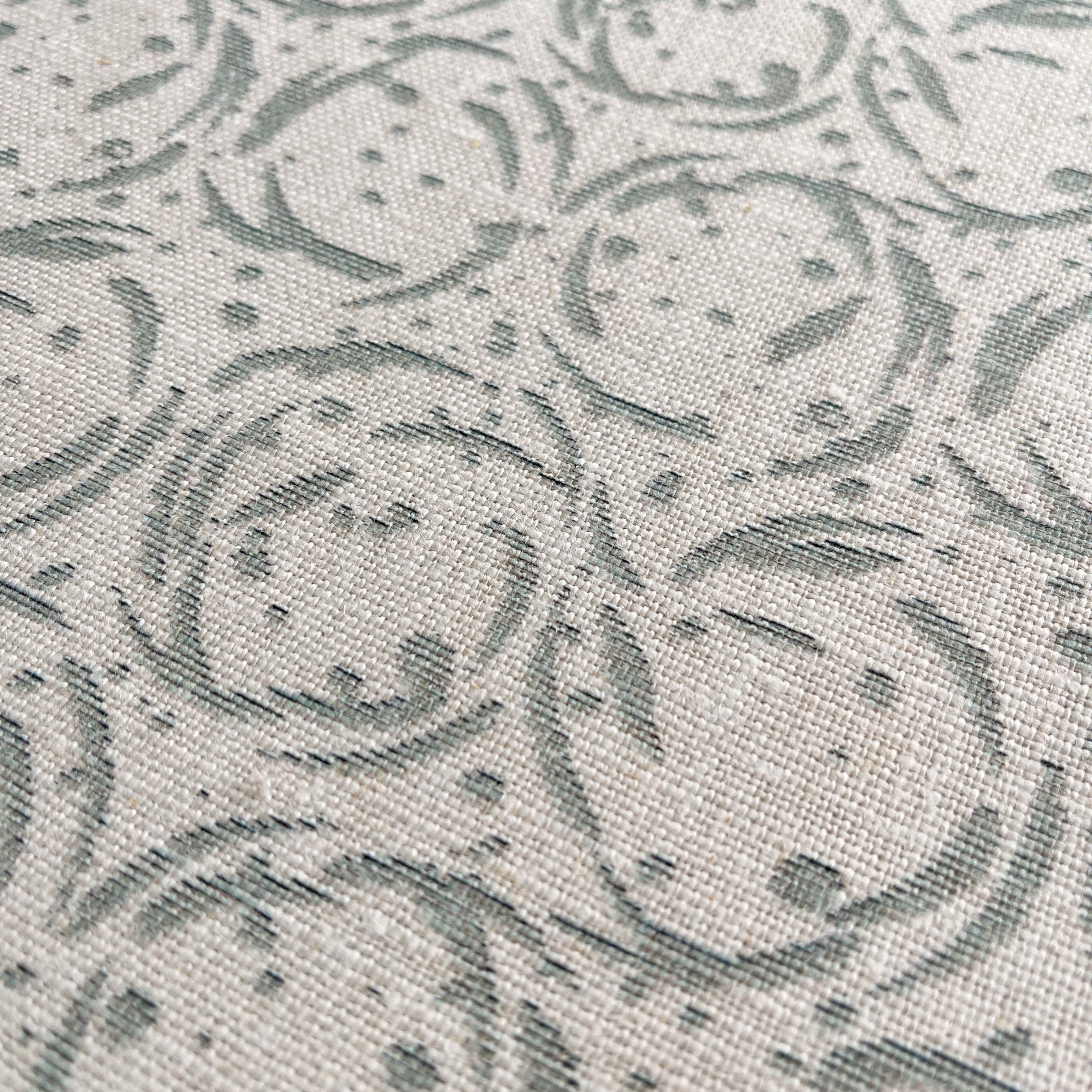 Nest fabric in Eucalyptus by Emily Daws — close-up detail of Belgian linen, Fauna Collection