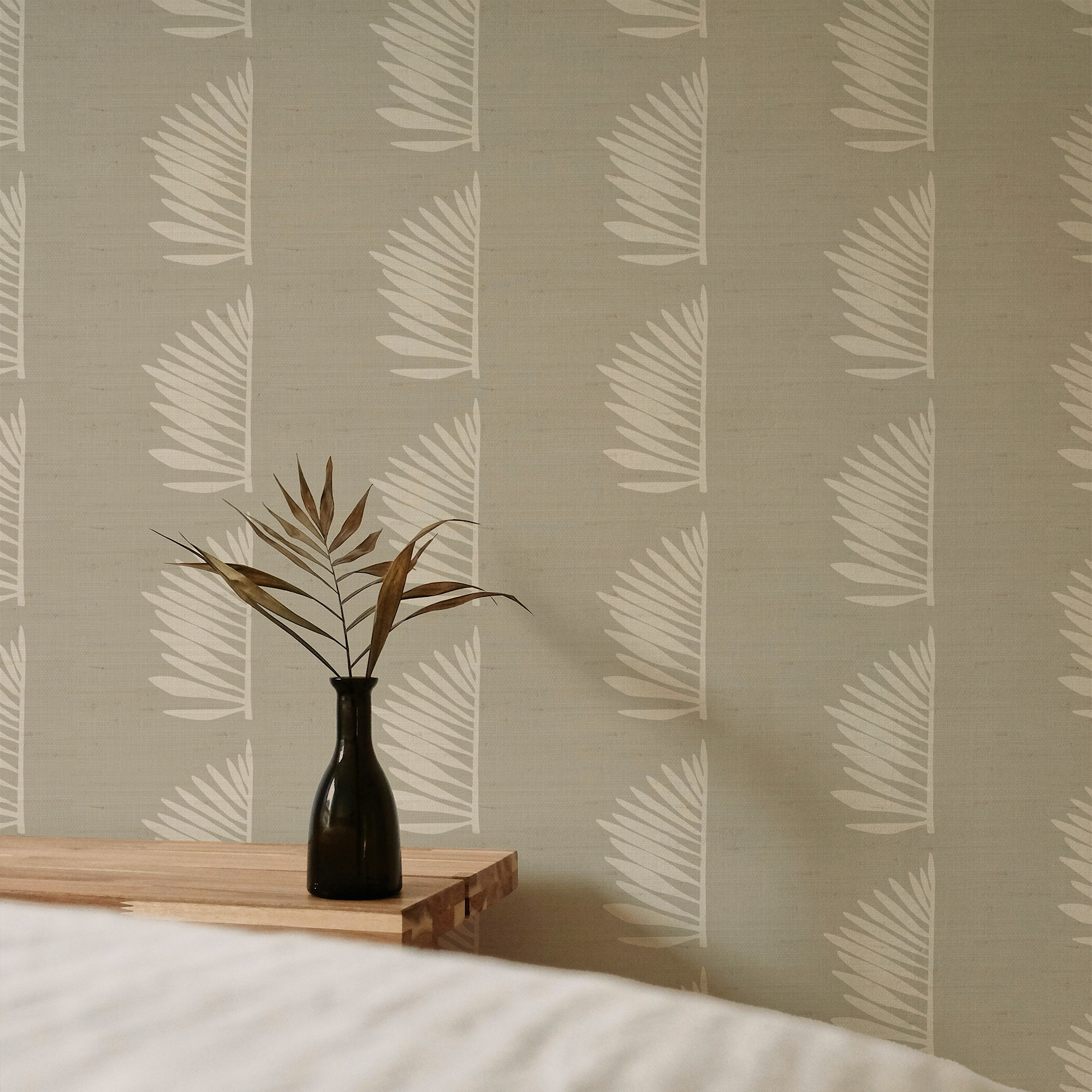 Palmetto Grasscloth wallpaper in Dune styled by Emily Daws – beach house bedroom with layered textures