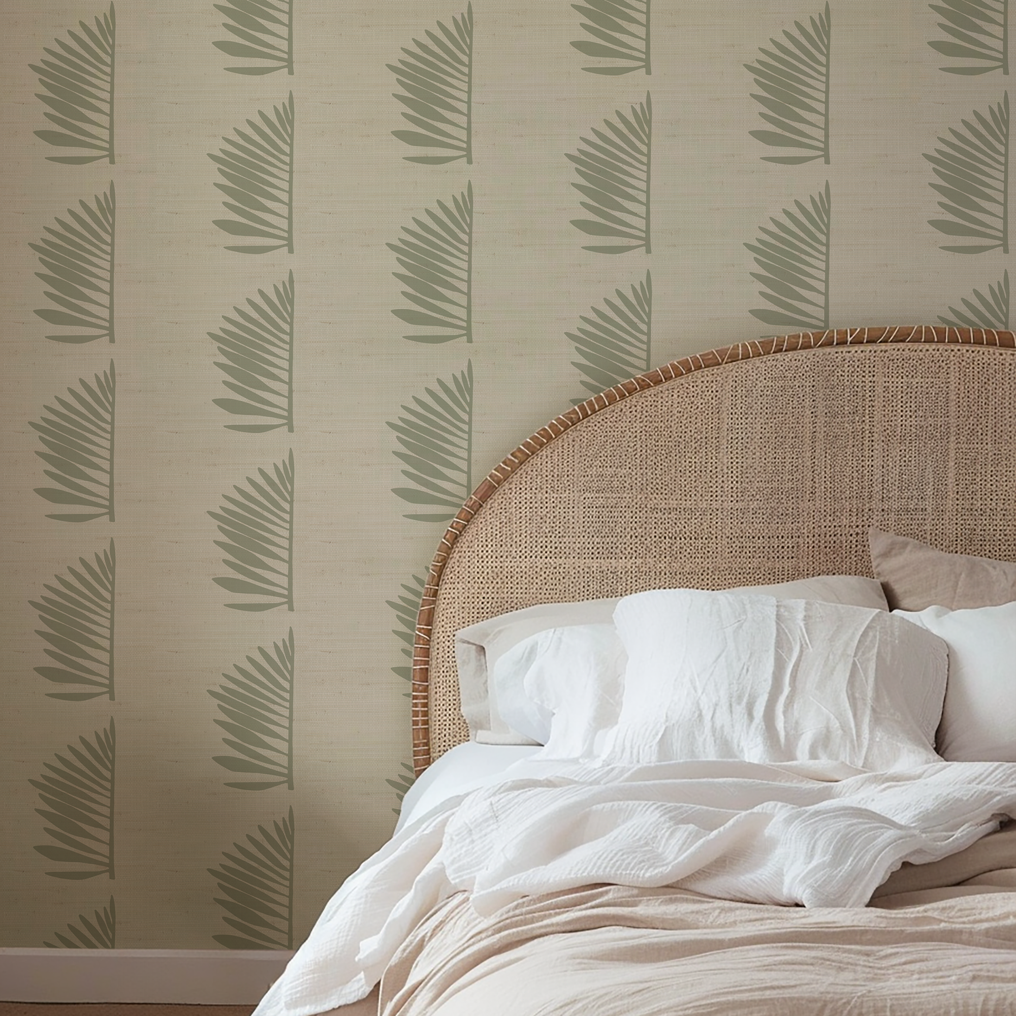 Palmetto Grasscloth wallpaper in Sage styled by Emily Daws β shown in a Charleston home entryway