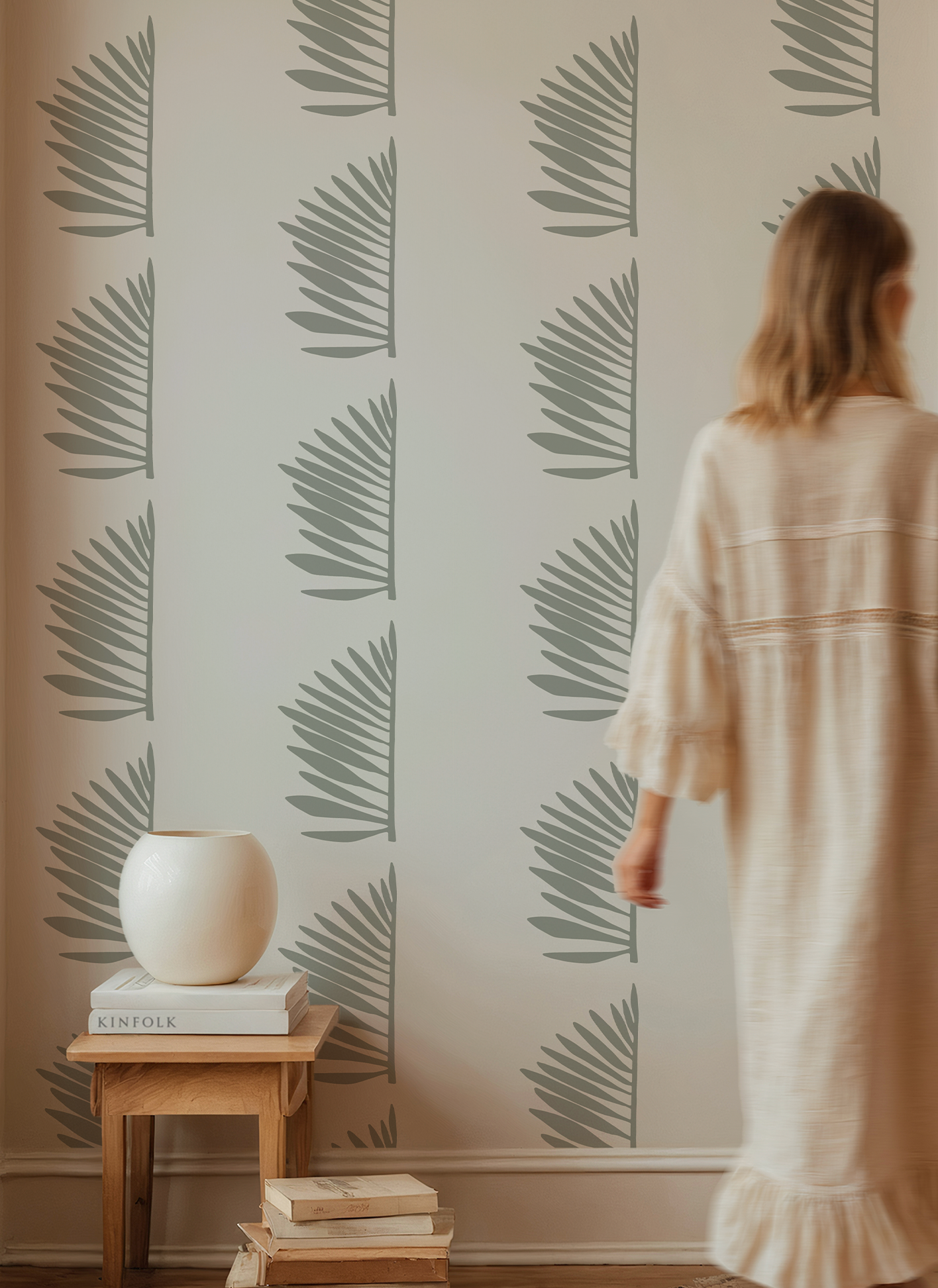 Palmetto wallpaper in Sage styled by Emily Daws – shown in a Charleston home entryway