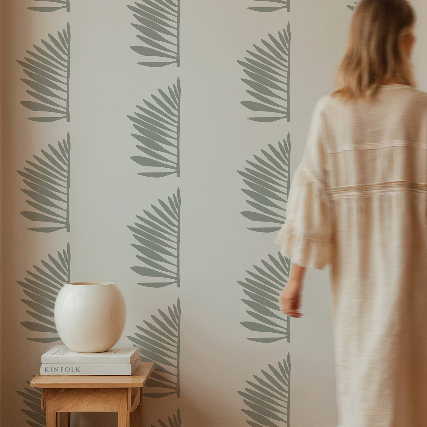 Palmetto wallpaper in Sage styled by Emily Daws – shown in a Charleston home entryway