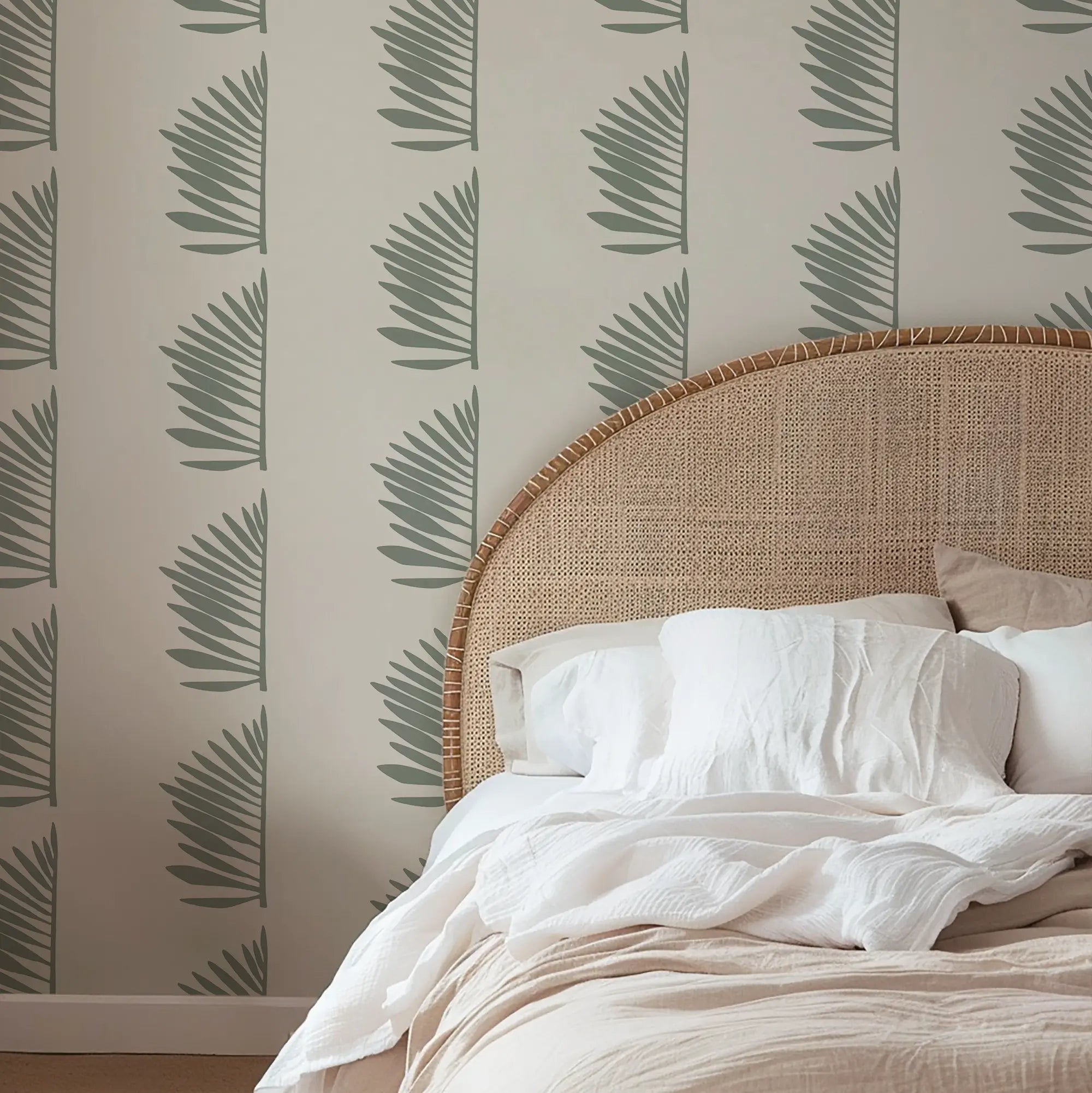 Palmetto wallpaper in Sage styled by Emily Daws β luxury coastal look for waterfront dining room