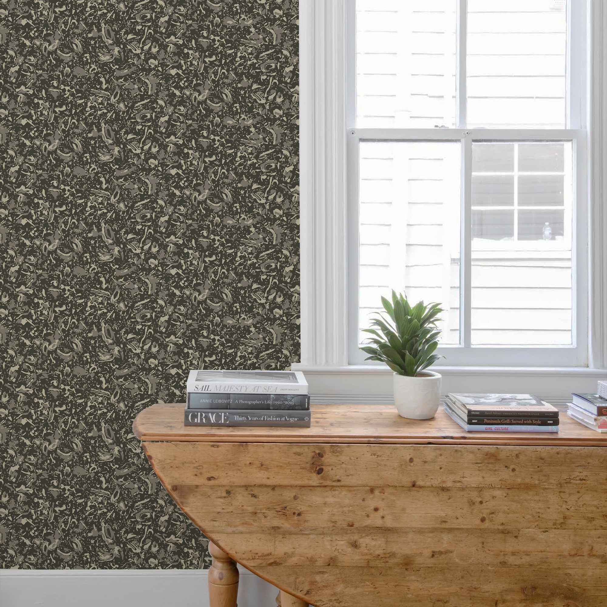 River Reef wallpaper in Coal styled by Emily Daws – shown in a Charleston home entryway