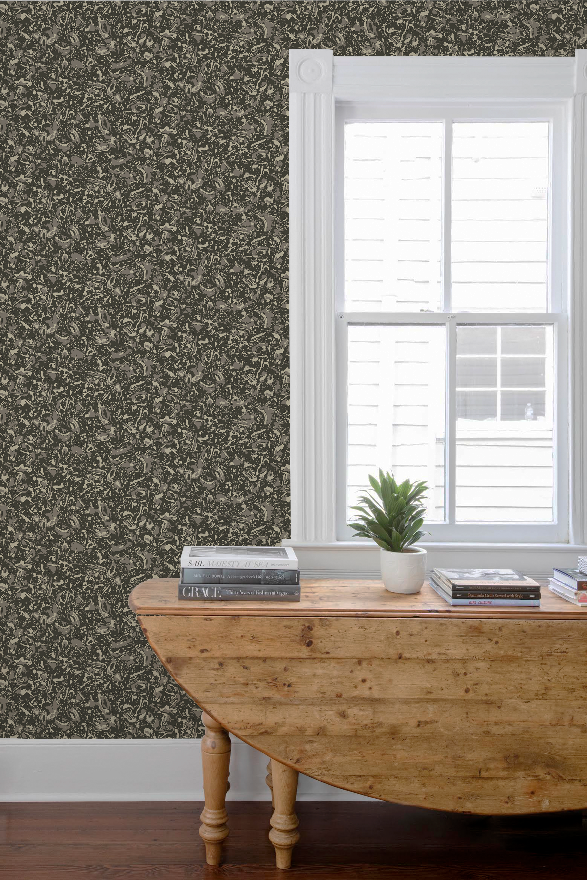 River Reef wallpaper in Coal styled by Emily Daws – shown in a Charleston home entryway
