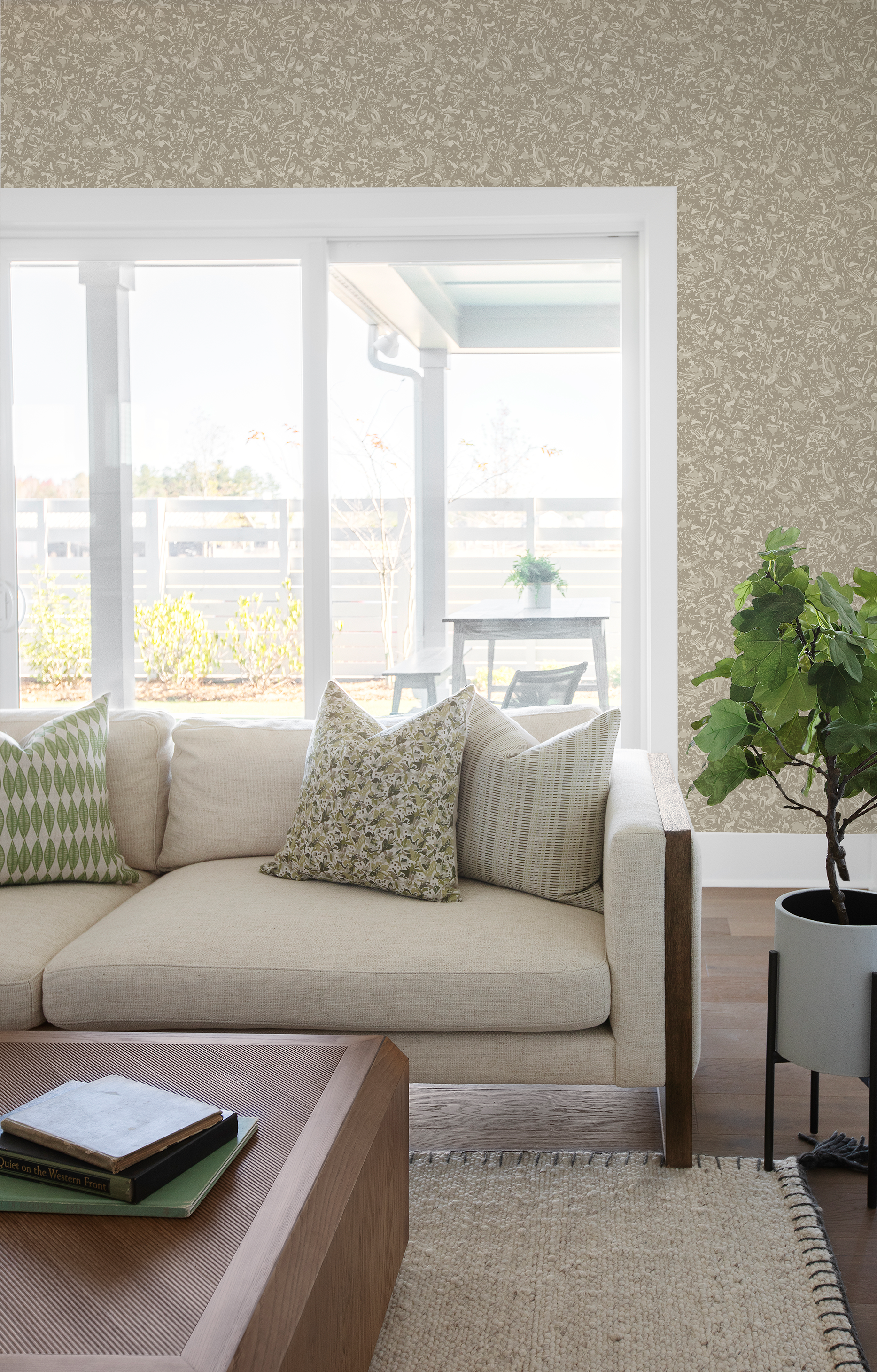 River Reef wallpaper in Natural styled by Emily Daws – luxury coastal look for waterfront dining room