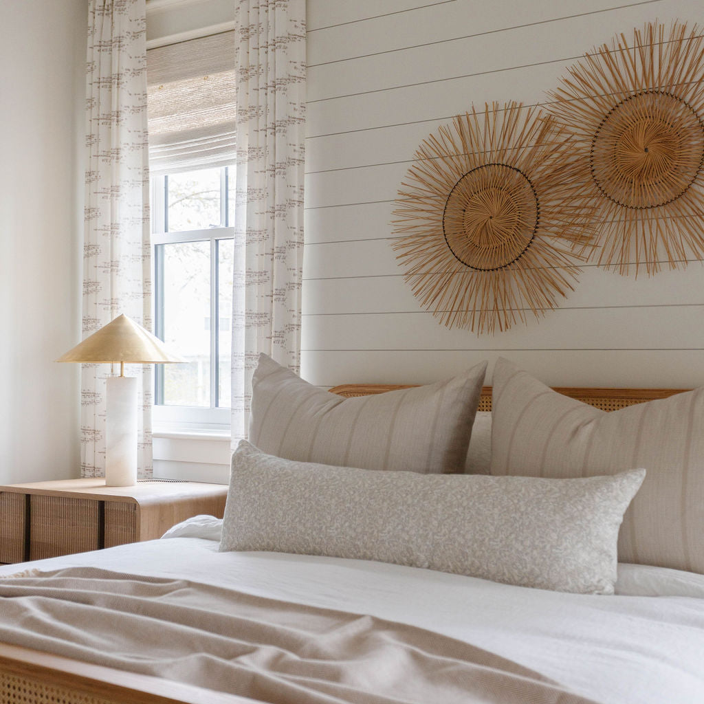 Sandbar pillow in Teak styled by Emily Daws – in a layered space with nautical and organic elements