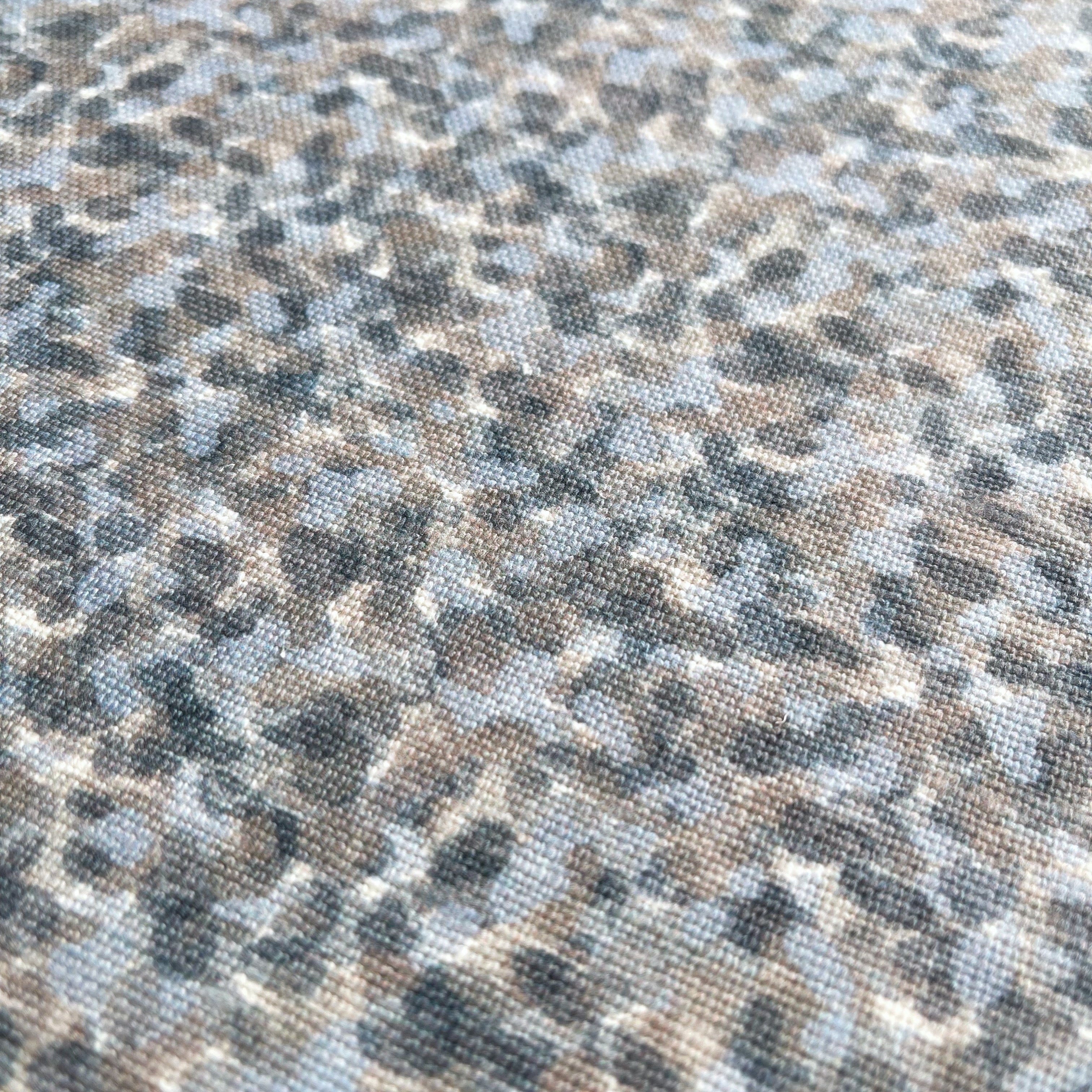 Tortoise fabric in Thistle by Emily Daws — close-up detail of Belgian linen, Fauna Collection