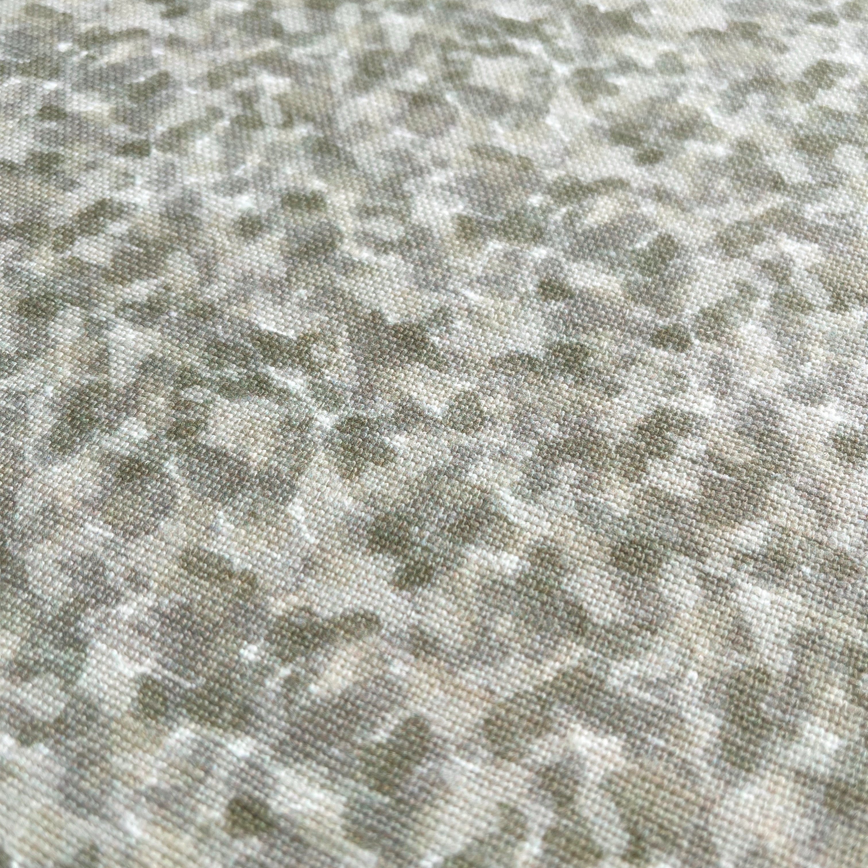 Tortoise fabric in Thyme by Emily Daws — close-up detail of Belgian linen, Fauna Collection