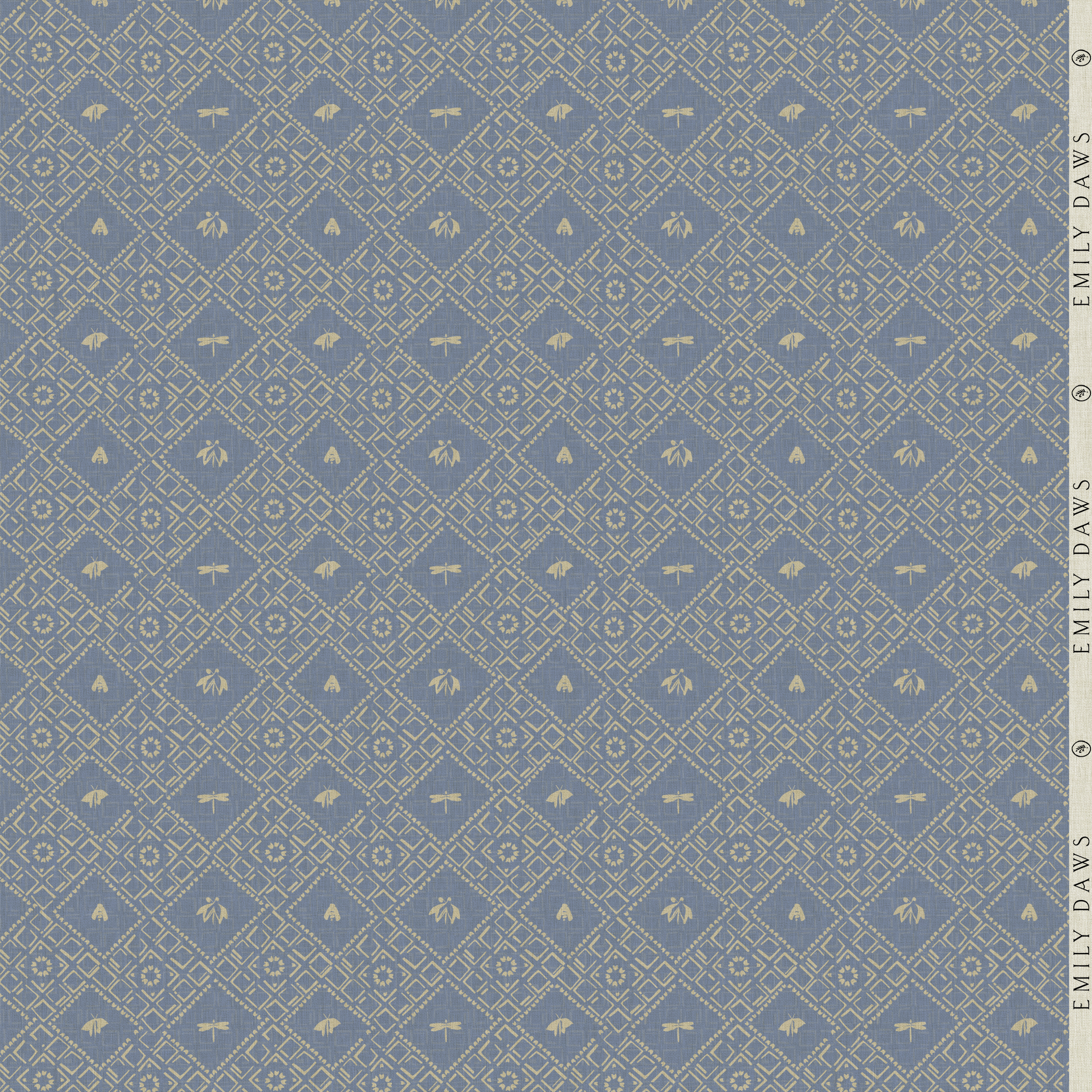 americana cornflower fabric by emily daws featuring soft blue dotted pattern on natural linen by the yard