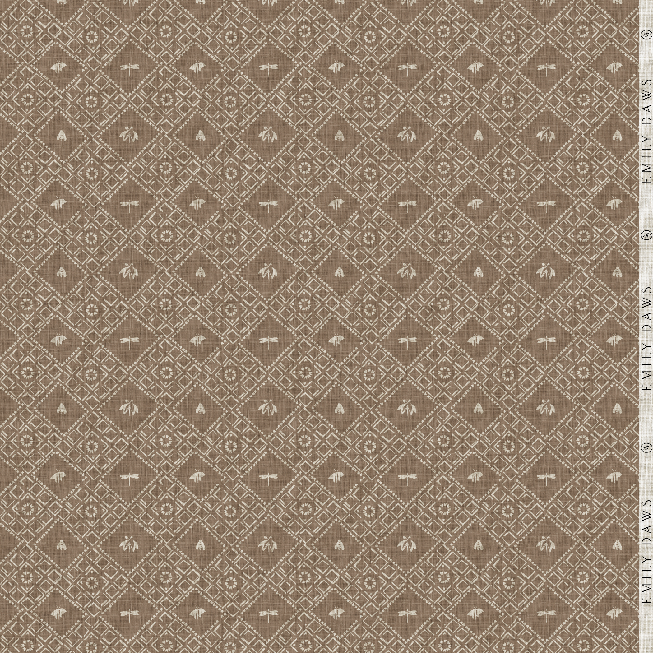 americana cumin fabric by emily daws featuring warm brown dotted pattern on natural linen by the yard
