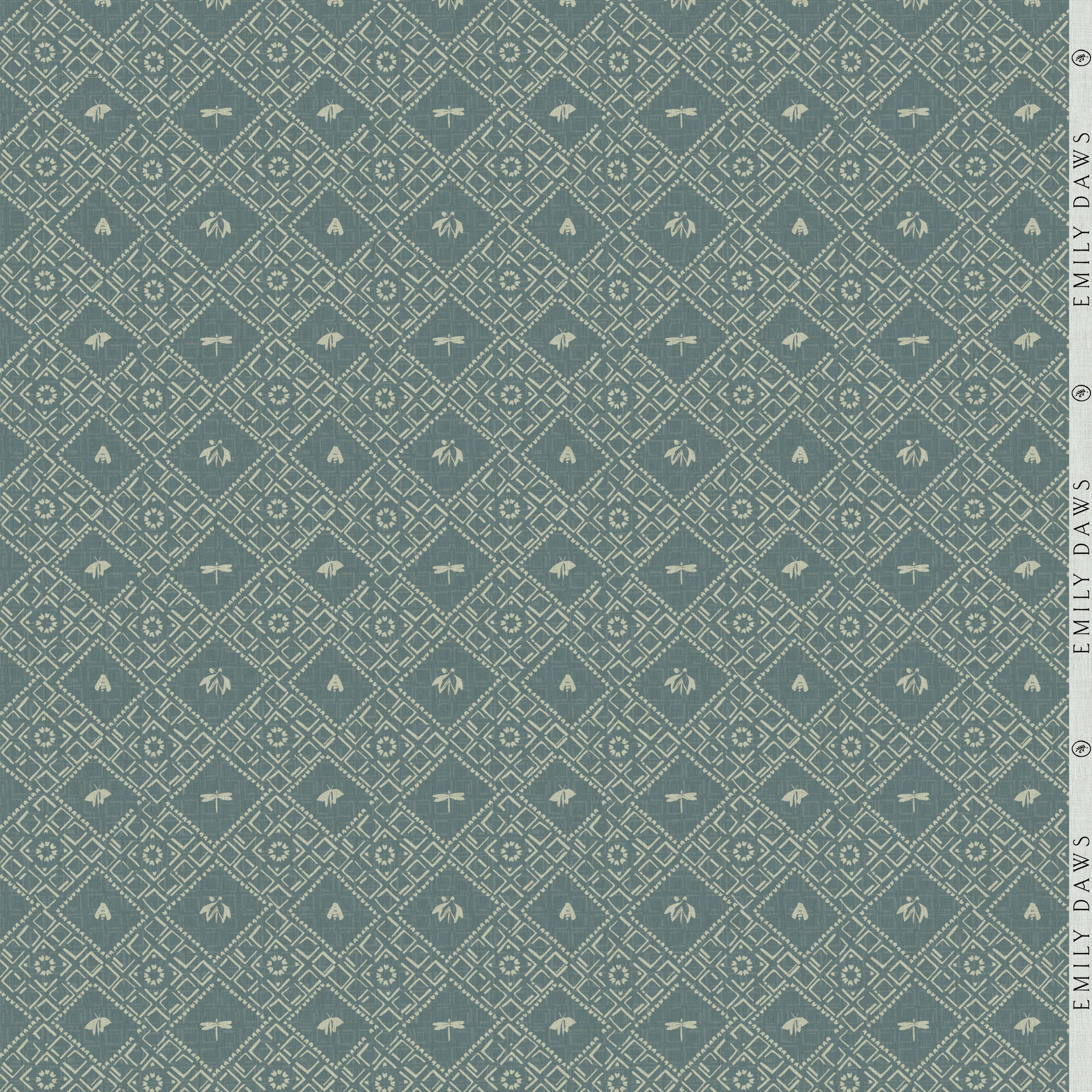 americana teal fabric by emily daws close-up showcasing organic dotted motif on natural linen by the yard