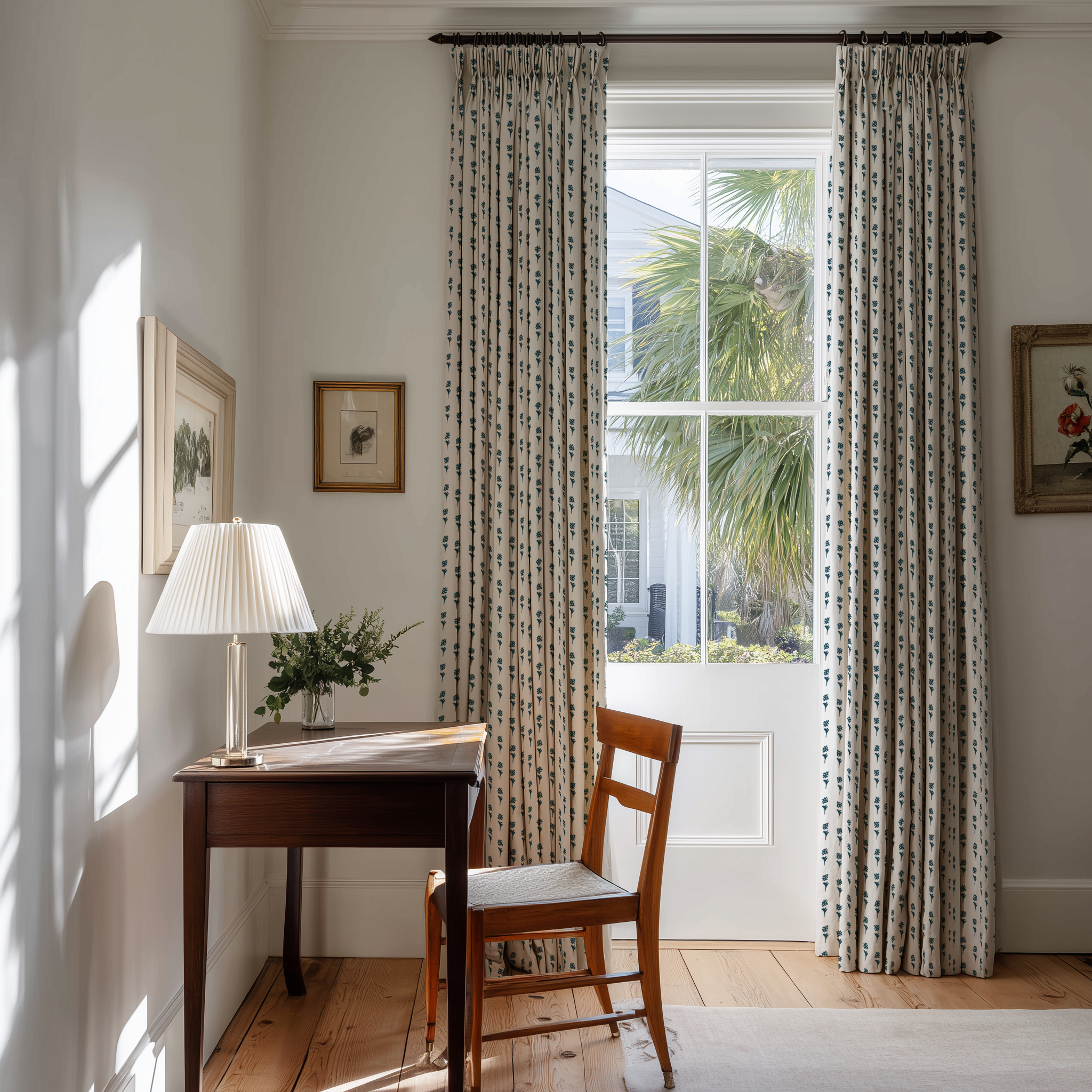 Small home office with a desk, chair, and large window with floral patterned drapery by Emily Daws.