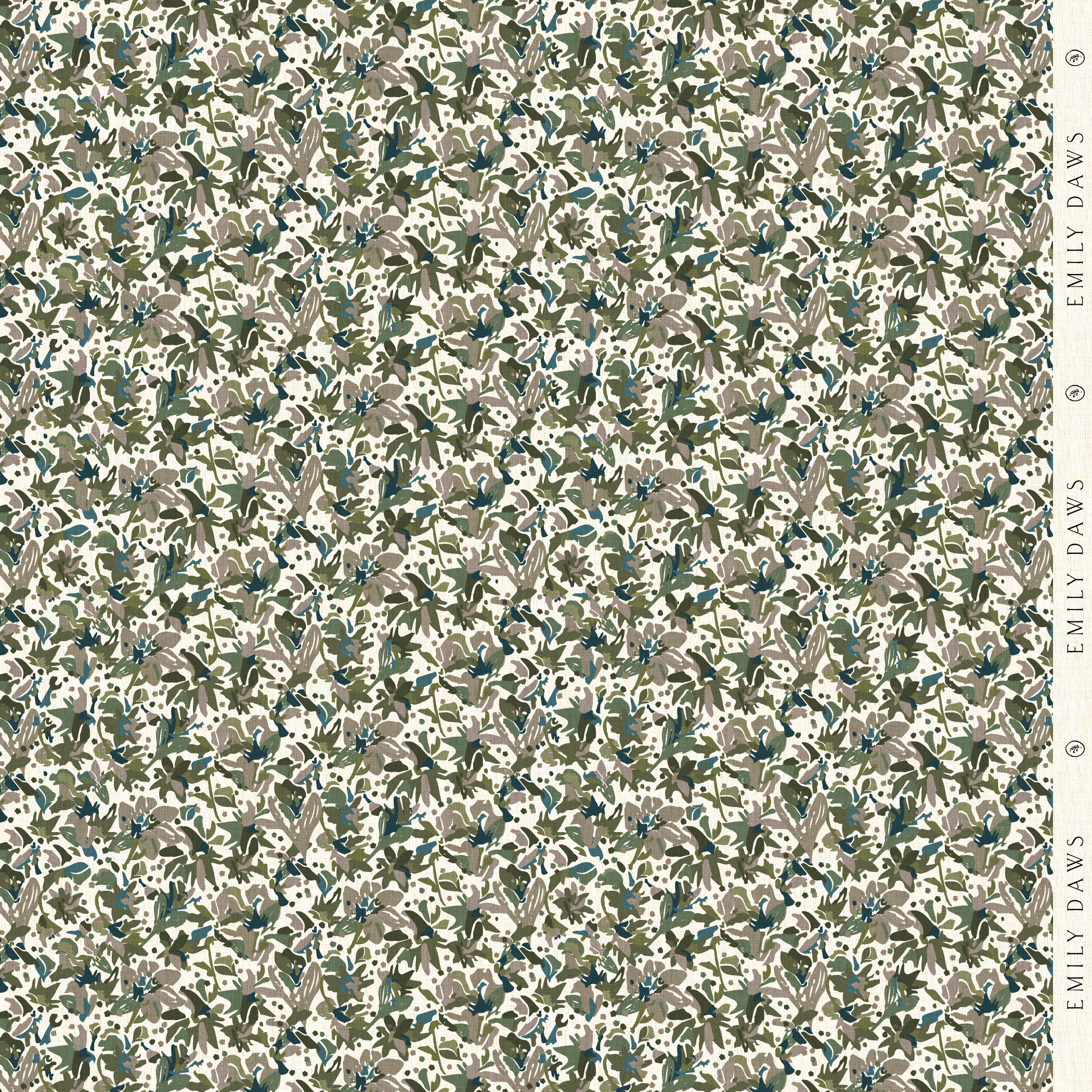 eden emerald fabric by emily daws featuring rich green botanical pattern on natural linen by the yard