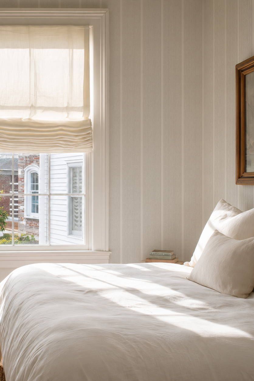 A softly lit bedroom scene with a neatly made bed in white bedding, cream pillows, a window with a sheer beige roller shade, and vertically paneled walls. Emily Daws Sandbar wallpaper in Driftwood