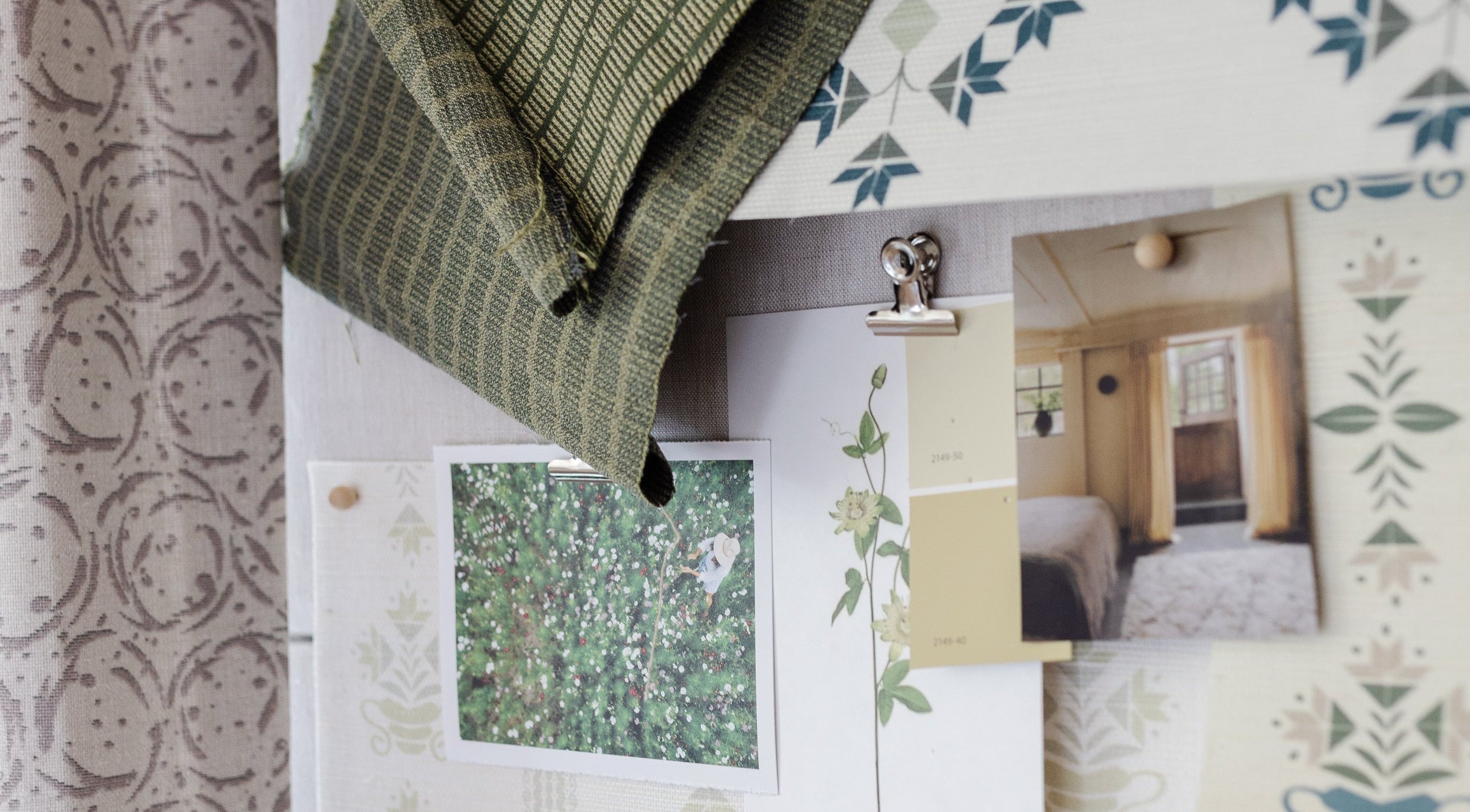 Decorative wall with patterned wallpaper and swatches by Emily Daws.