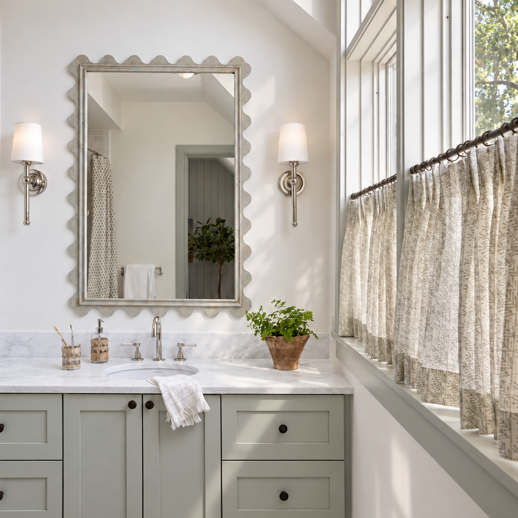 A bright, modern bathroom featuring a sage green double-sink vanity with a scalloped silver mirror, white marble countertops, and a large window with textured beige curtains. Southern Living Idea House with Emily Daws fabric by the yard.