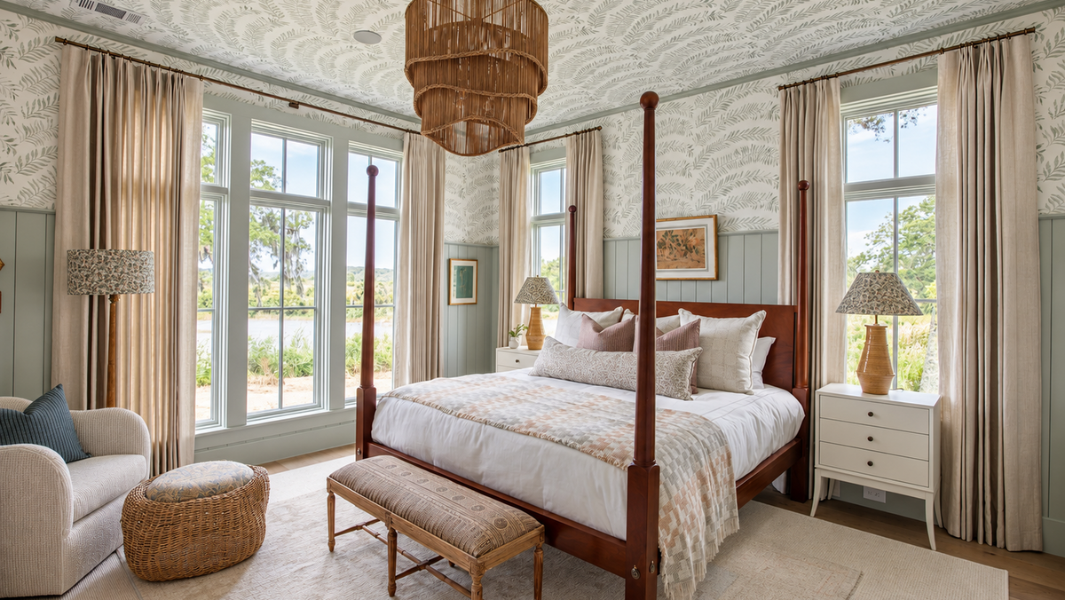 A beautifully styled bedroom featuring a four-poster bed with white and beige linens, a woven rattan chandelier, beige curtains, and a light blue-green paneled wall. The room is styled in a classic, elegant aesthetic with a matching armchair, ottoman, and bedside tables. Southern Living Idea House with Emily Daws fabric by the yard.