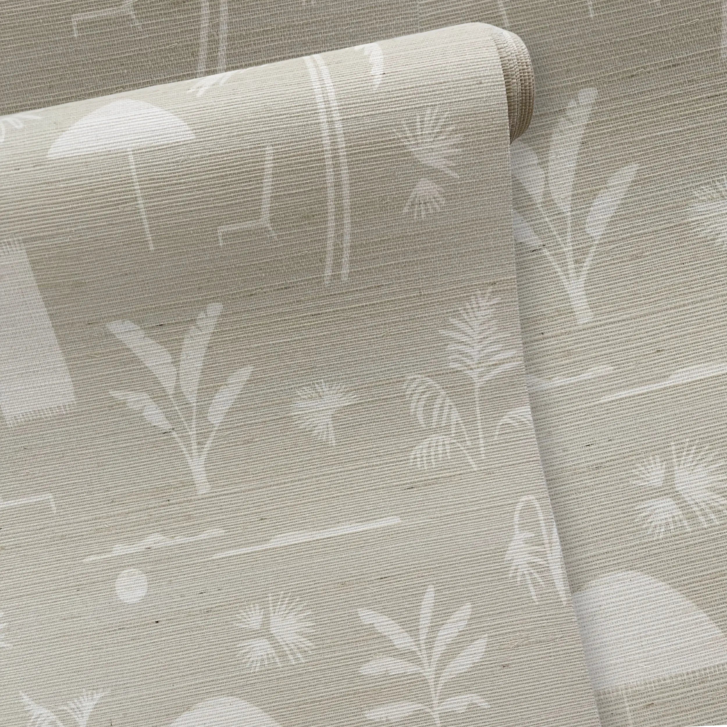 Folly Toile Grasscloth wallpaper in Sand by Emily Daws – product view of repeating motif for interior walls