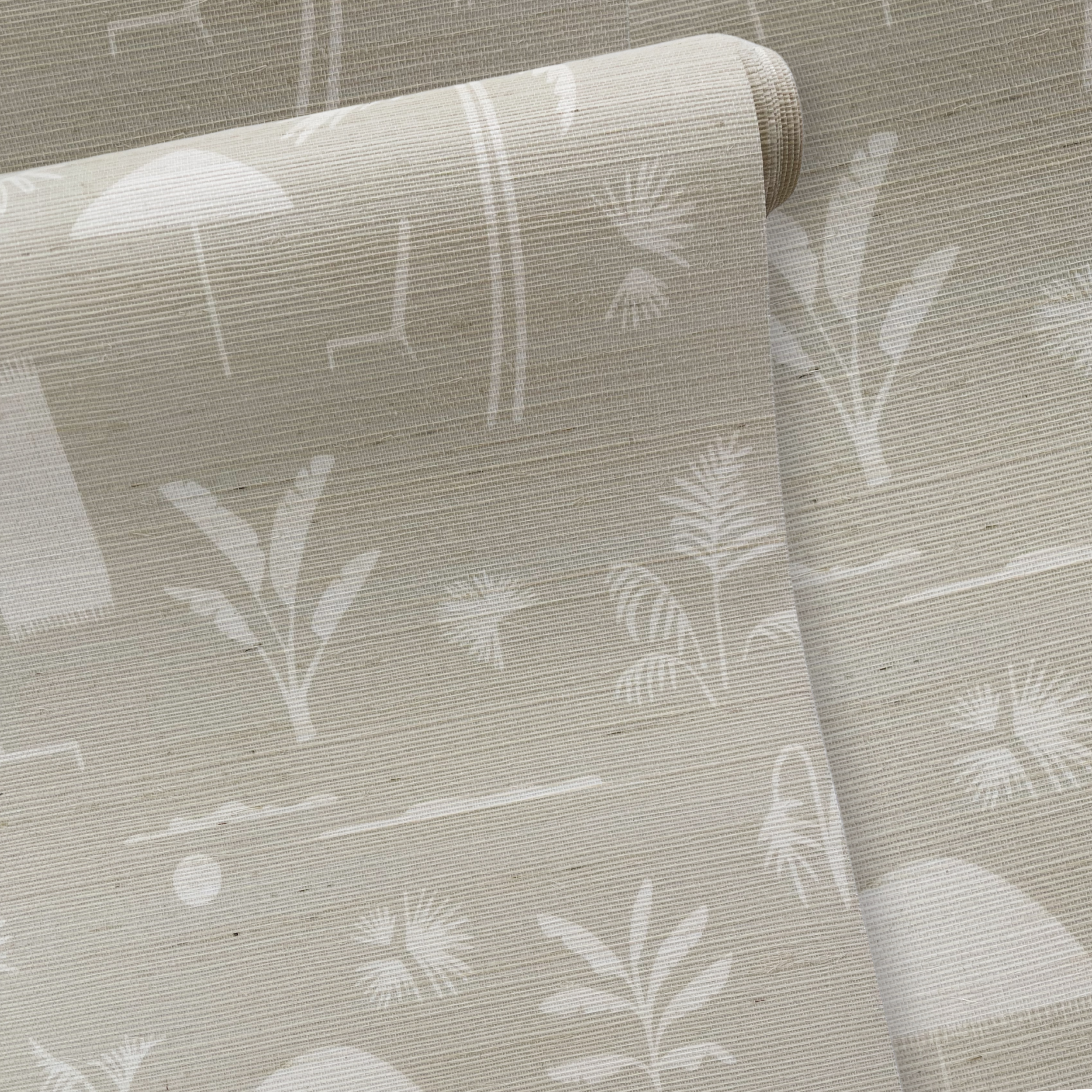 Folly Toile Grasscloth wallpaper in Sand by Emily Daws β product view of repeating motif for interior walls