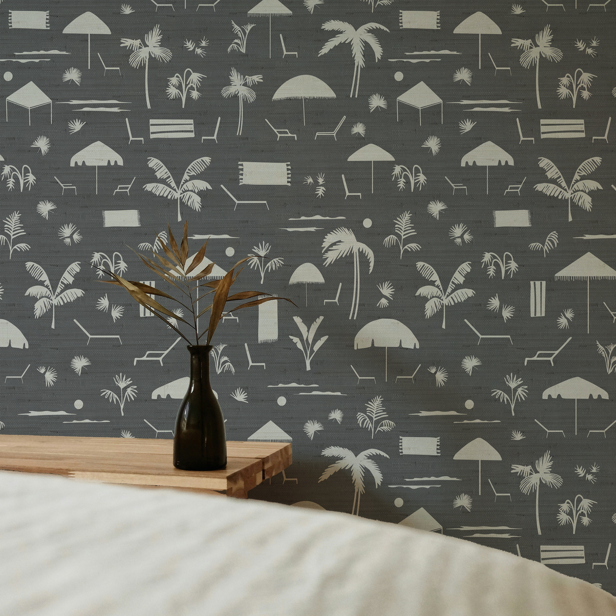 Folly Toile wallpaper in Storm styled by Emily Daws – luxury coastal look for waterfront dining room