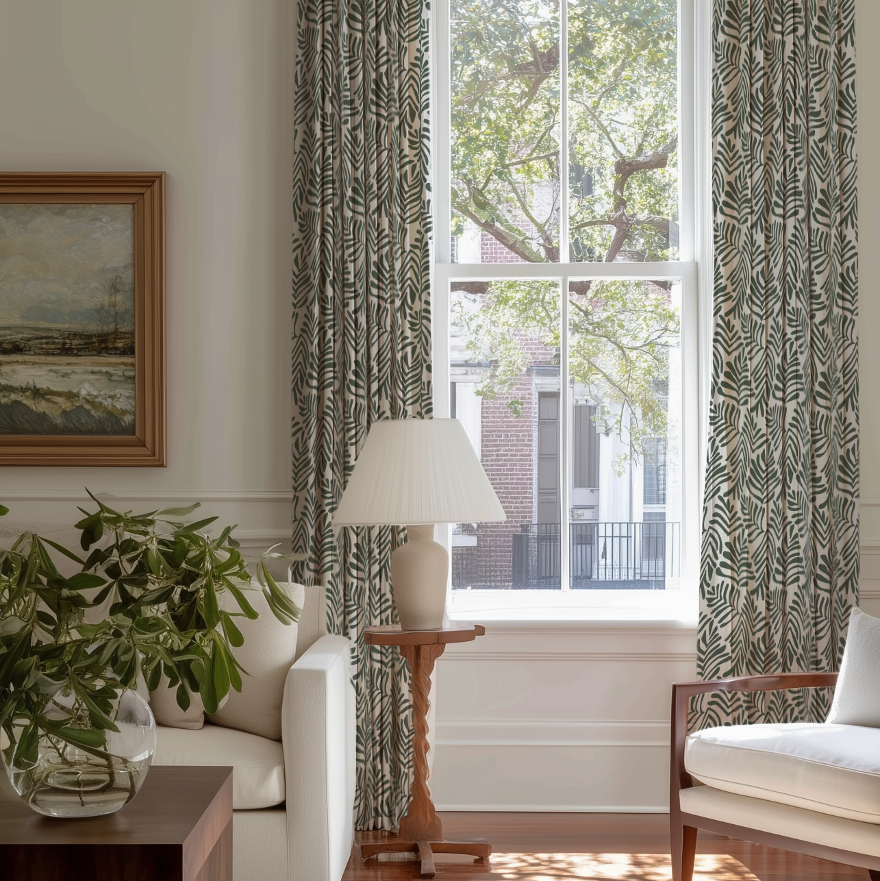Frond fabric in Alpine by Emily Daws styled in an interior β Flora Collection