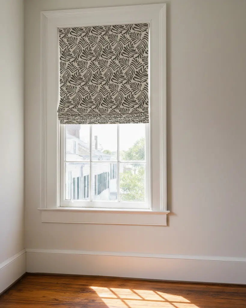 Frond fabric in Crow by Emily Daws styled in an interior — Flora Collection