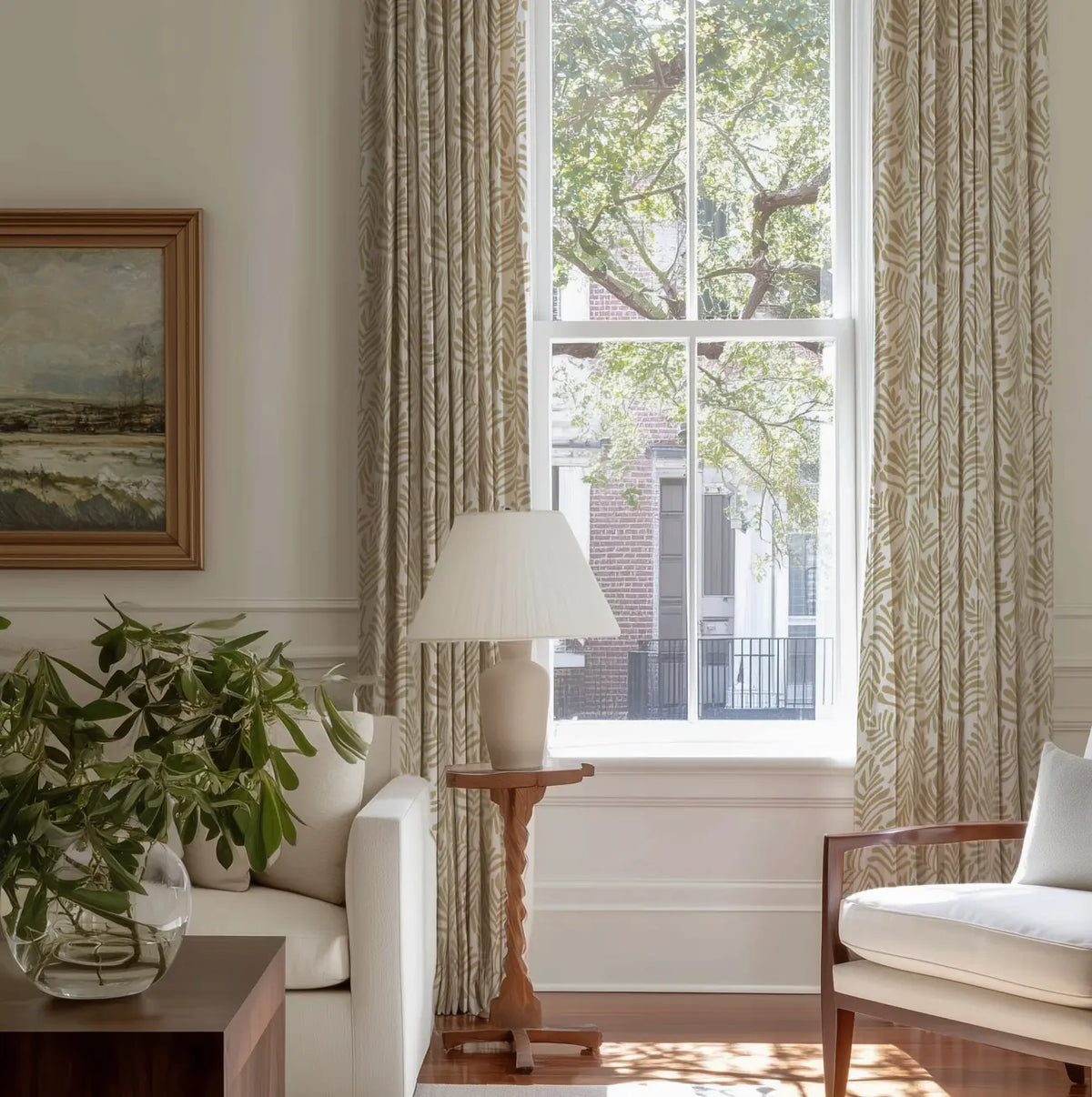 Frond fabric in Marigold by Emily Daws styled in an interior β Flora Collection