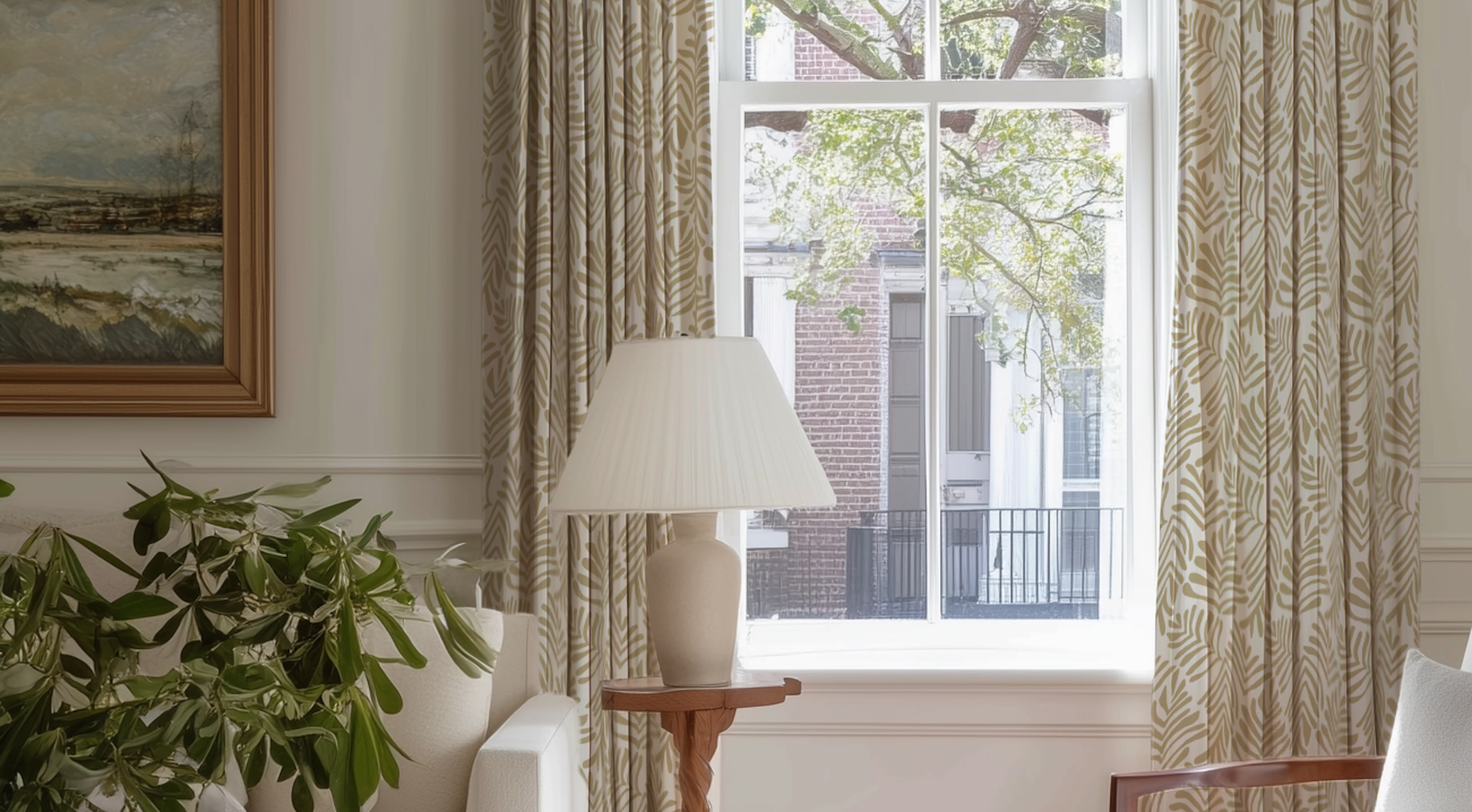 Living room with white sofa, armchair, lamp, and drapery by Emily Daws.