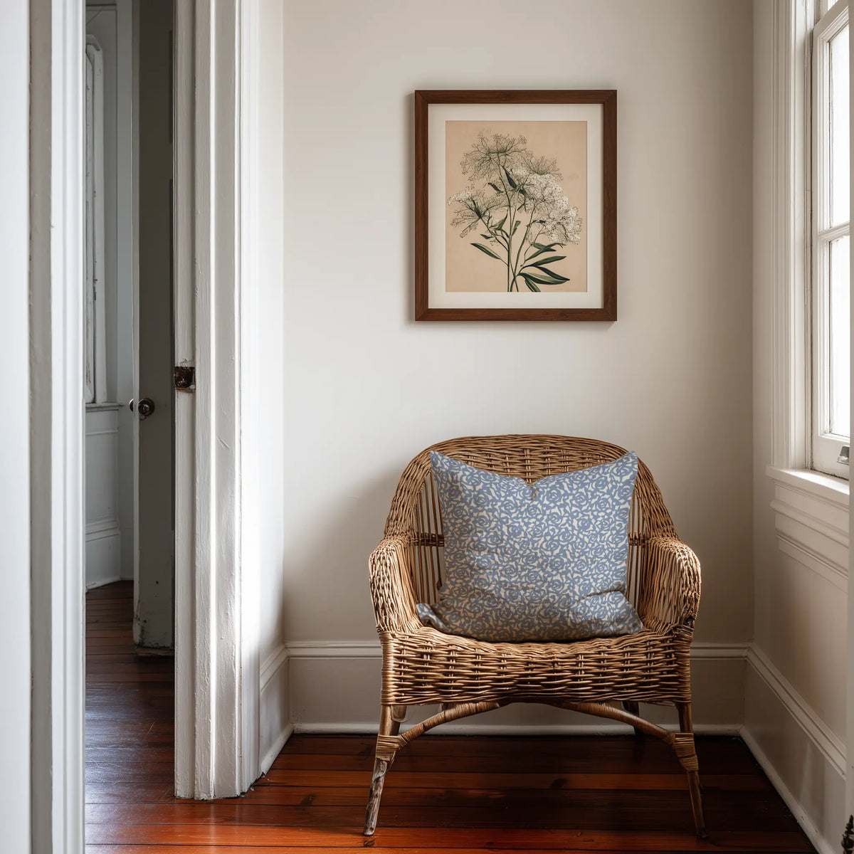 Emily Daws Gardenia pillows in Cobalt — original pattern, feather and down insert